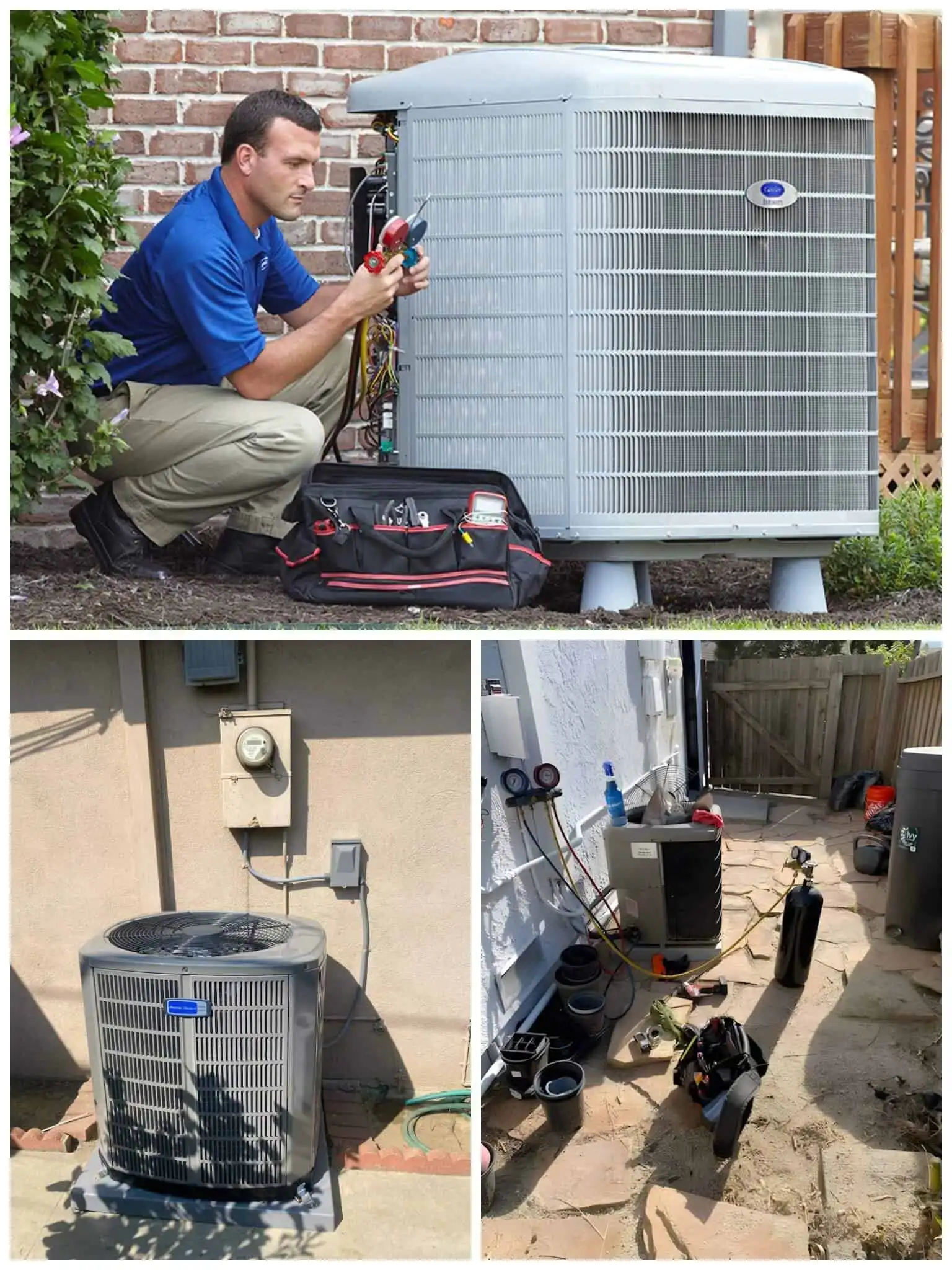 AC unit technician inspecting outdoor HVAC system.