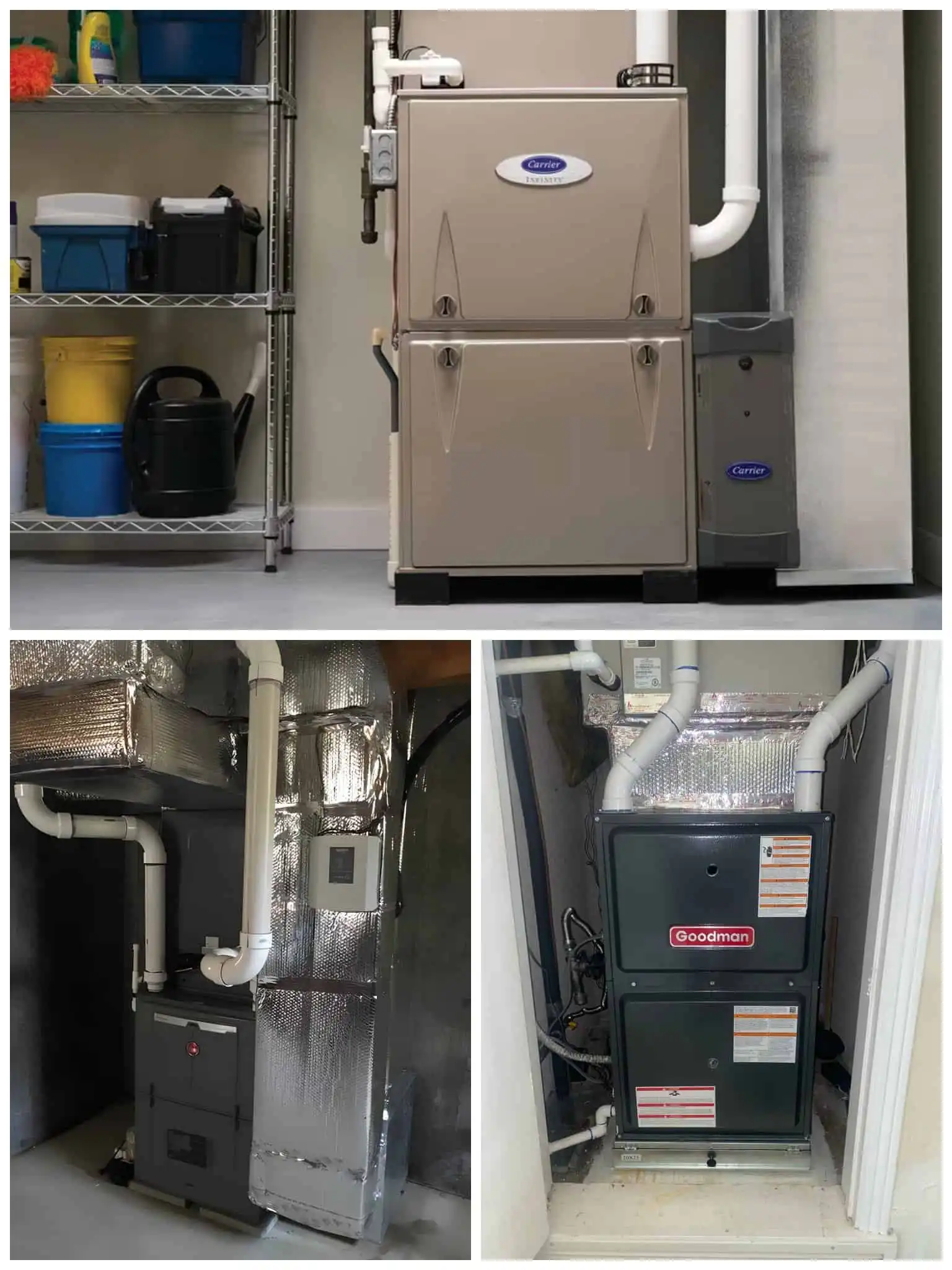Commercial HVAC furnace units in utility room with storage shelves.