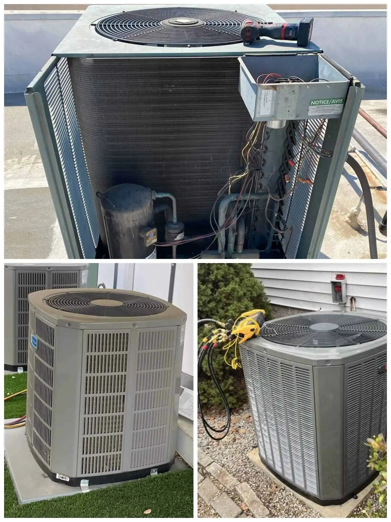 Central air conditioning units on rooftops and outdoors.