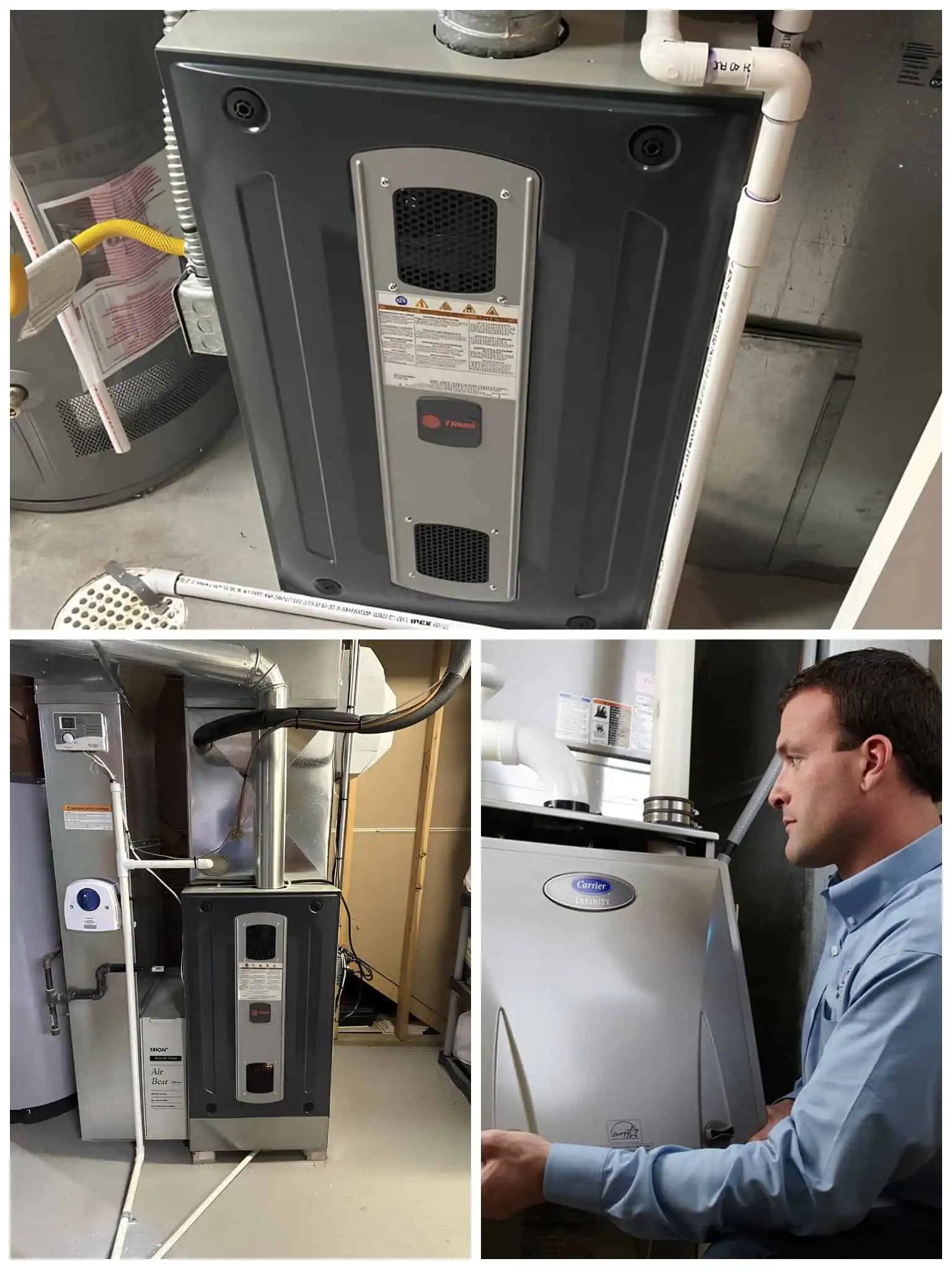 Modern HVAC furnace unit with control panel and piping.
