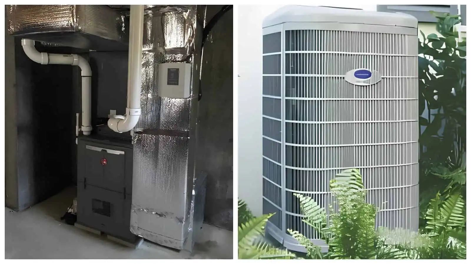 Efficiency HVAC outdoor unit and indoor furnace system in a residential setting.