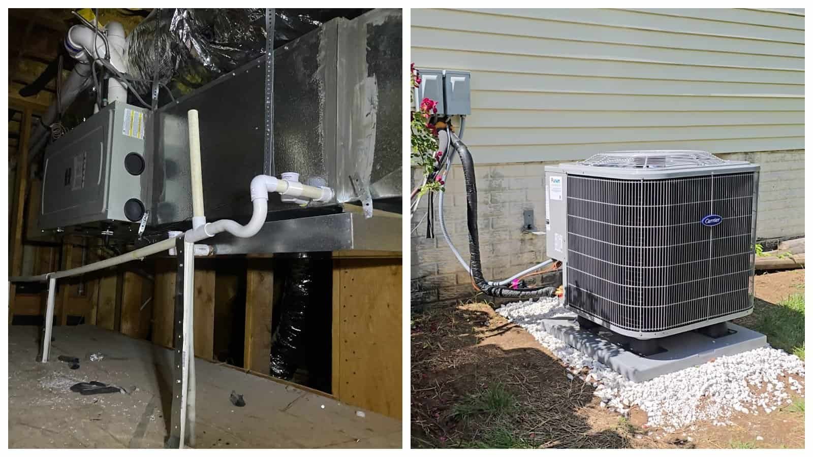 AC unit installation outside the house, HVAC system with electrical connections.