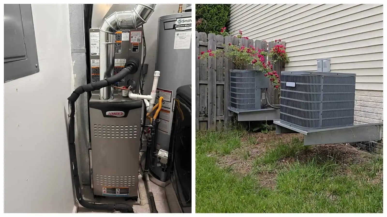 Efficiency furnace and outdoor HVAC units in a residential setting.