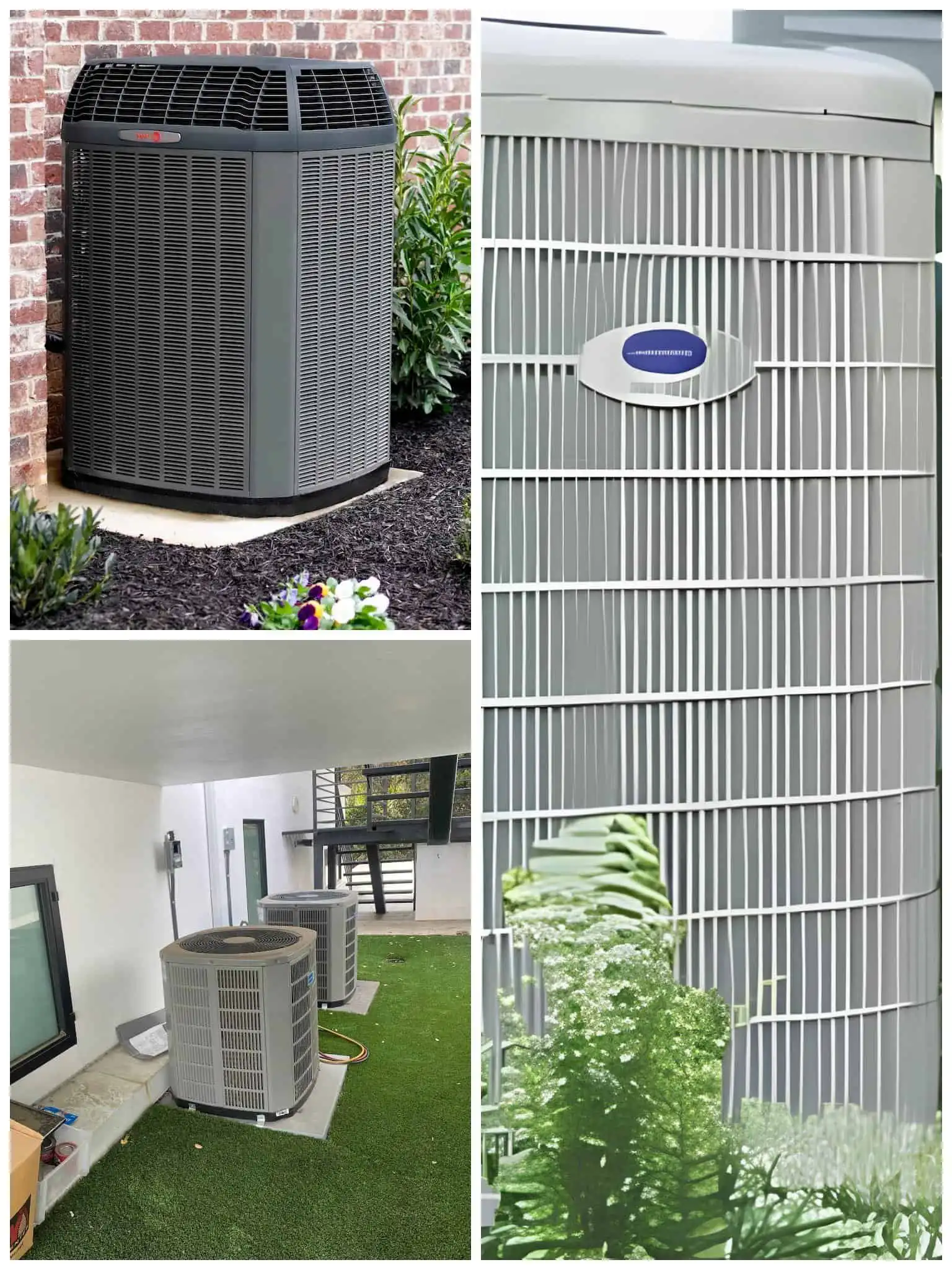 AC unit outside on brick wall, HVAC system, air conditioning equipment.