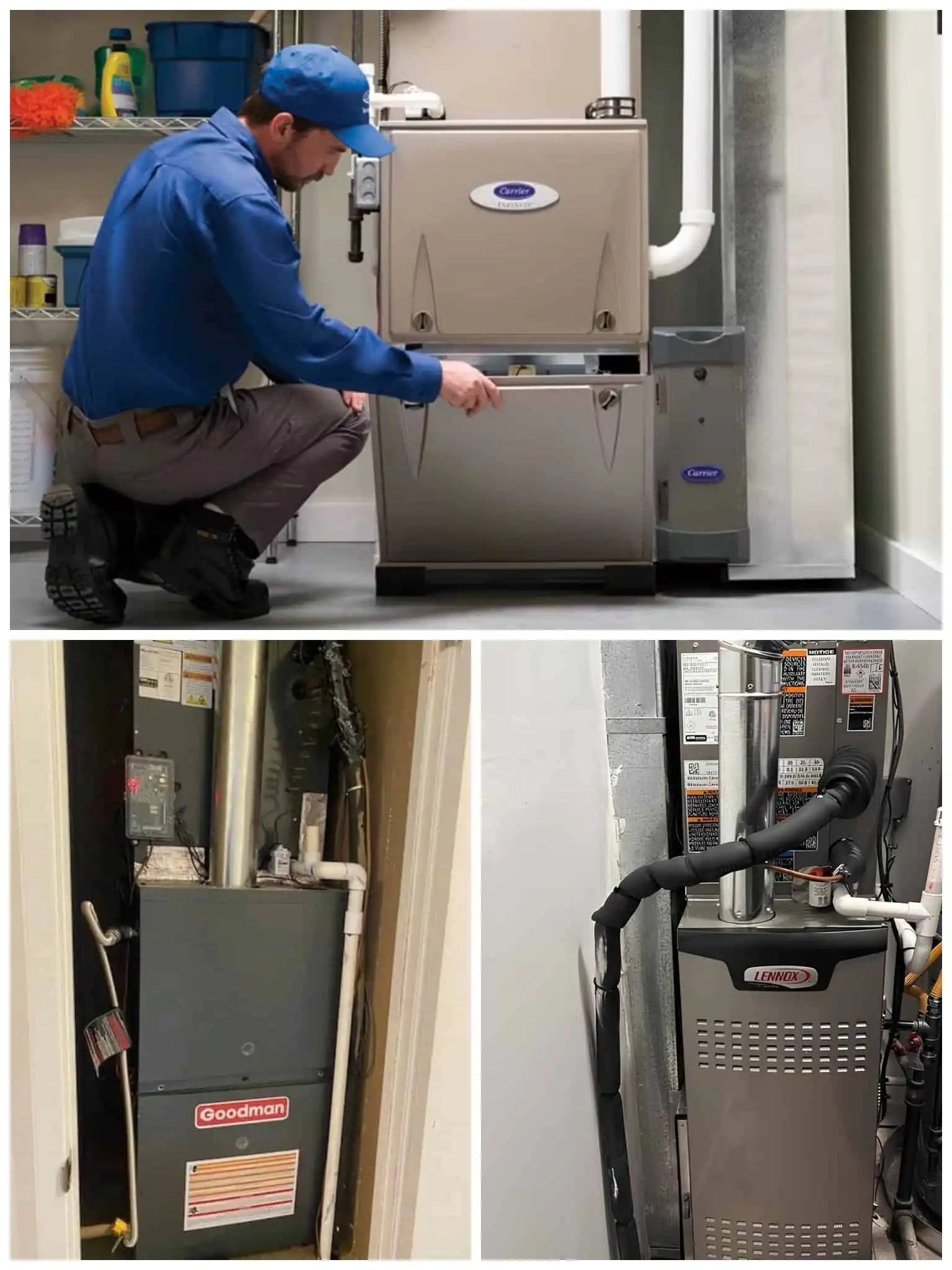 HVAC technician inspecting furnace in utility room.