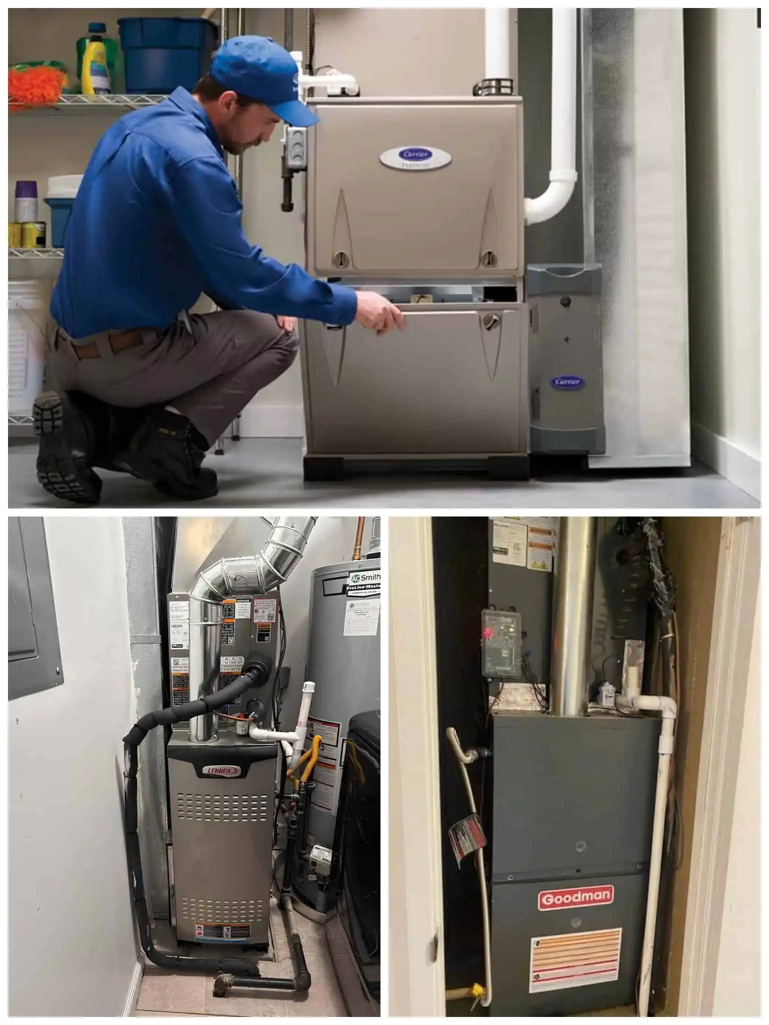 HVAC technician inspecting furnace in utility room.