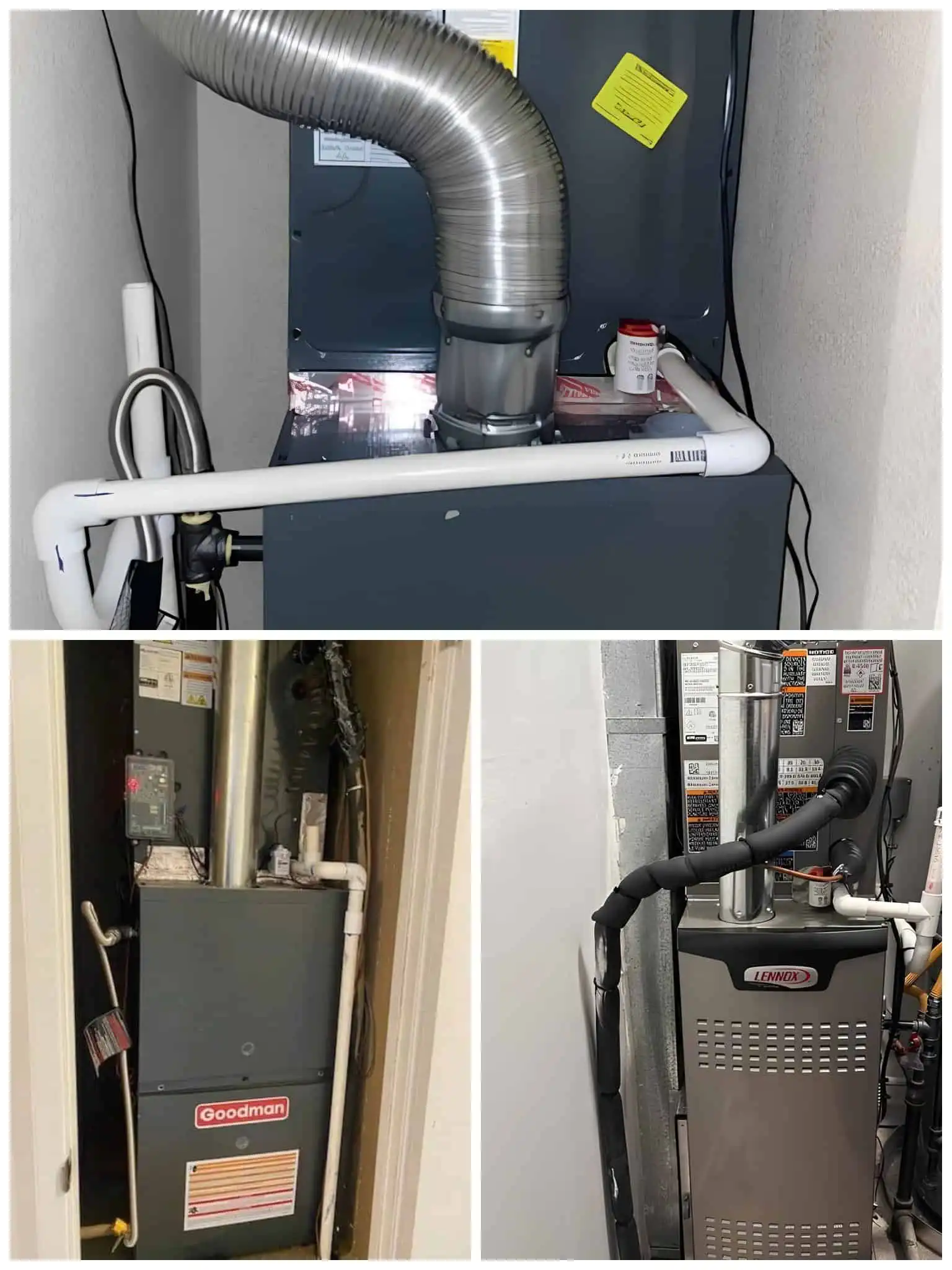 HVAC system components including ductwork and furnace units in a utility room.