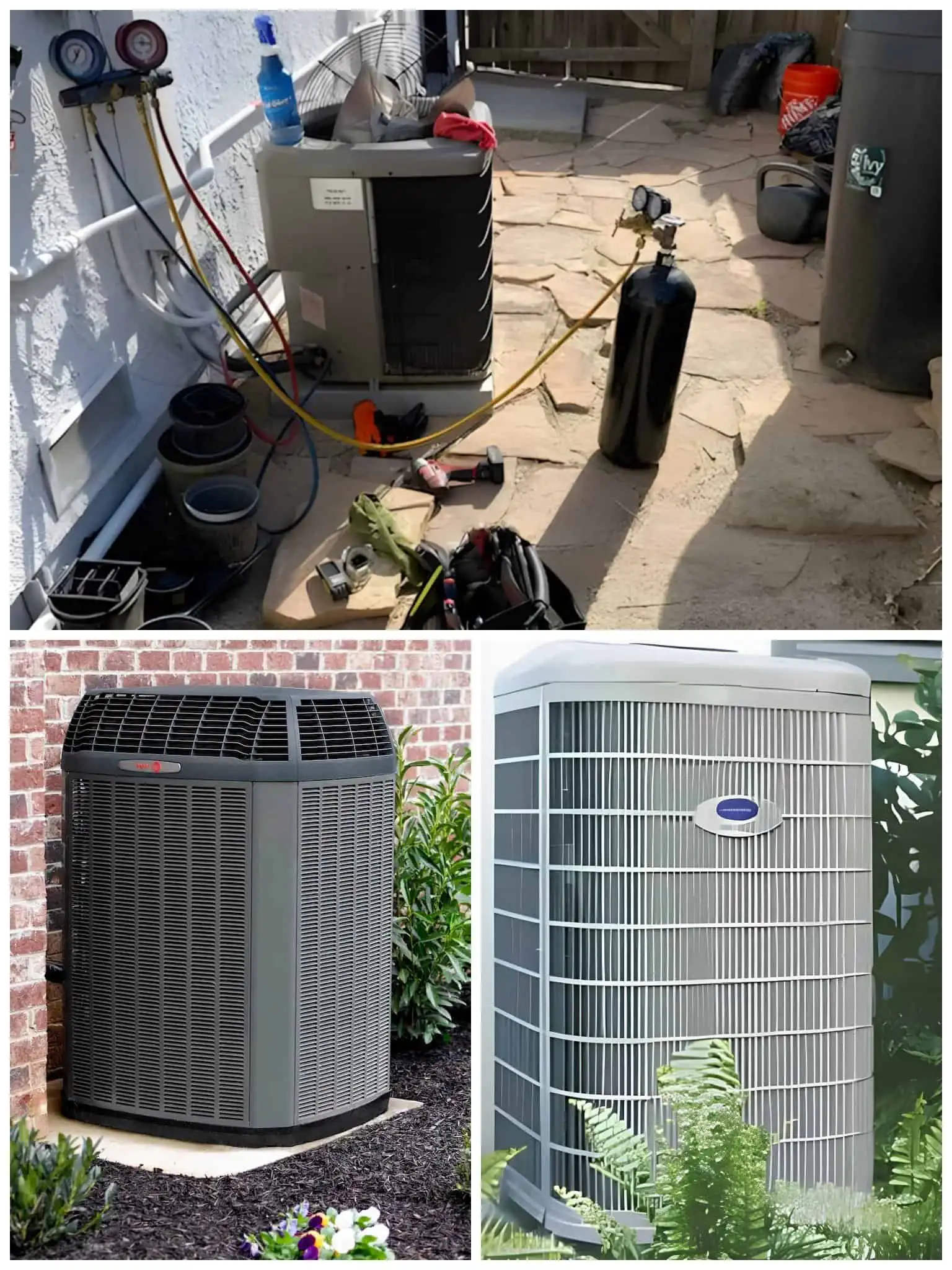 AC repair service outdoor units, residential setting, with tools and equipment nearby.