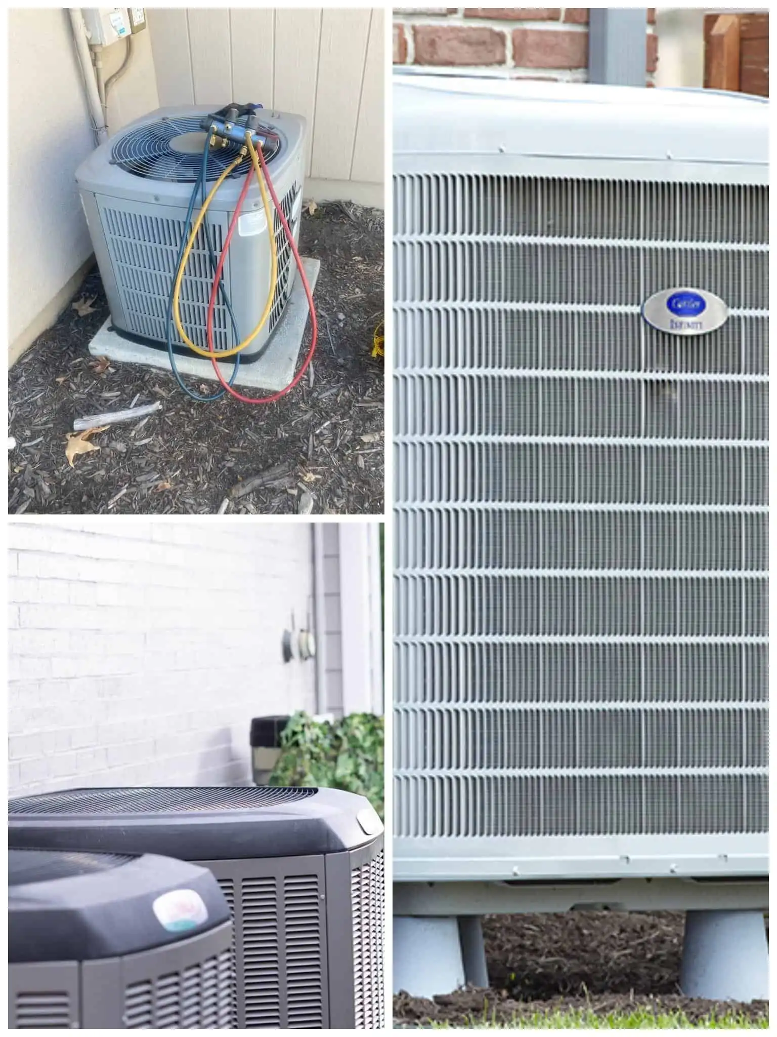 AC unit outdoor compressor with electrical connections and protective grille.
