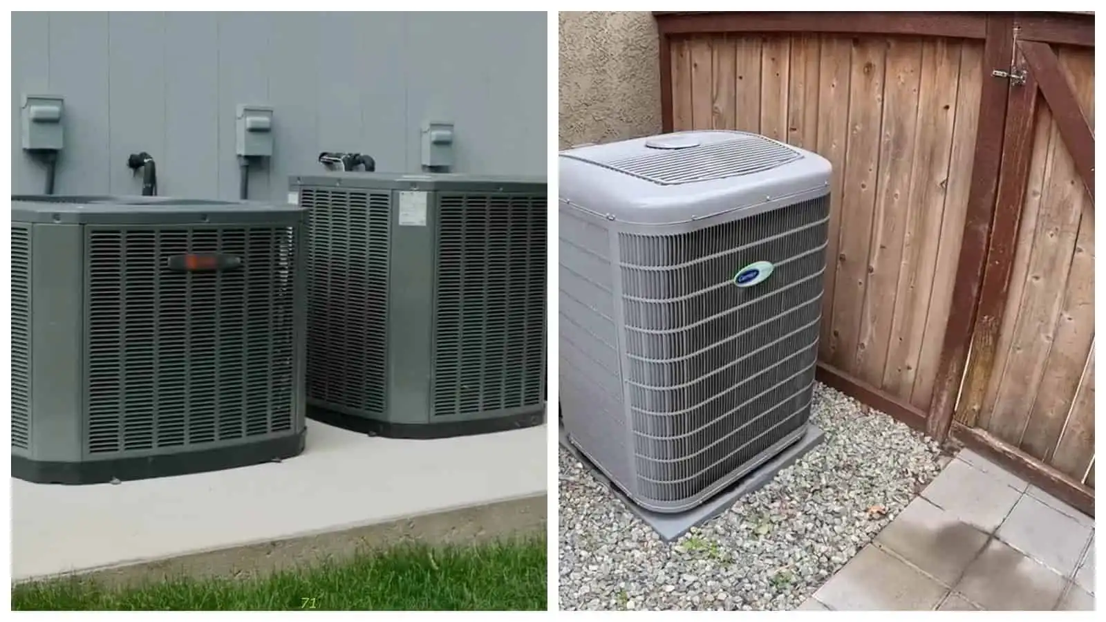 Outdoor heat pump units installed outside a building and near a wooden fence.