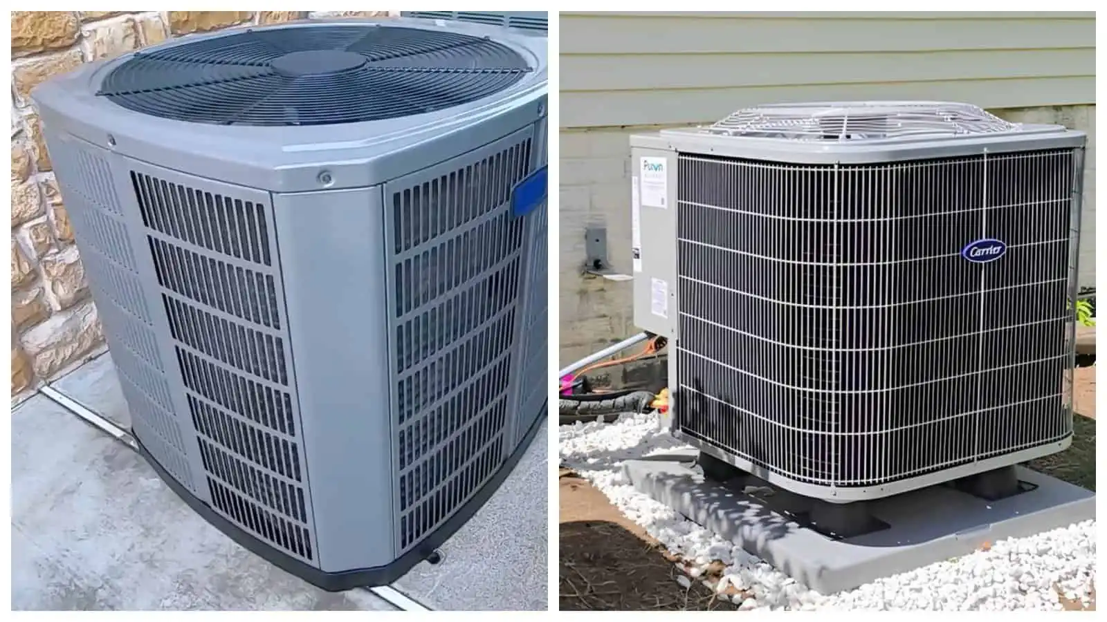 Outdoor heat pump units installed outside homes.