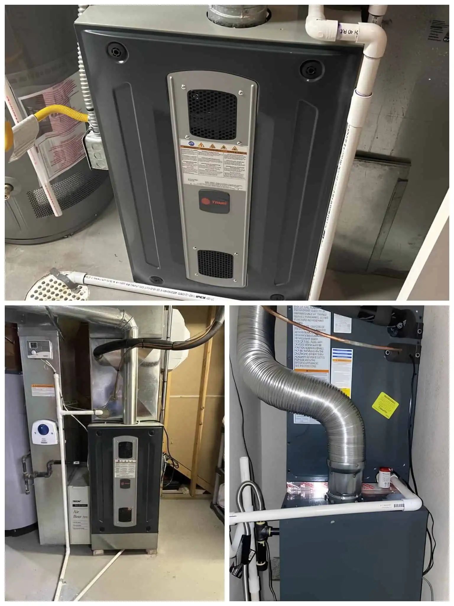 AC unit back view with ductwork and control panel, installed in a utility room.