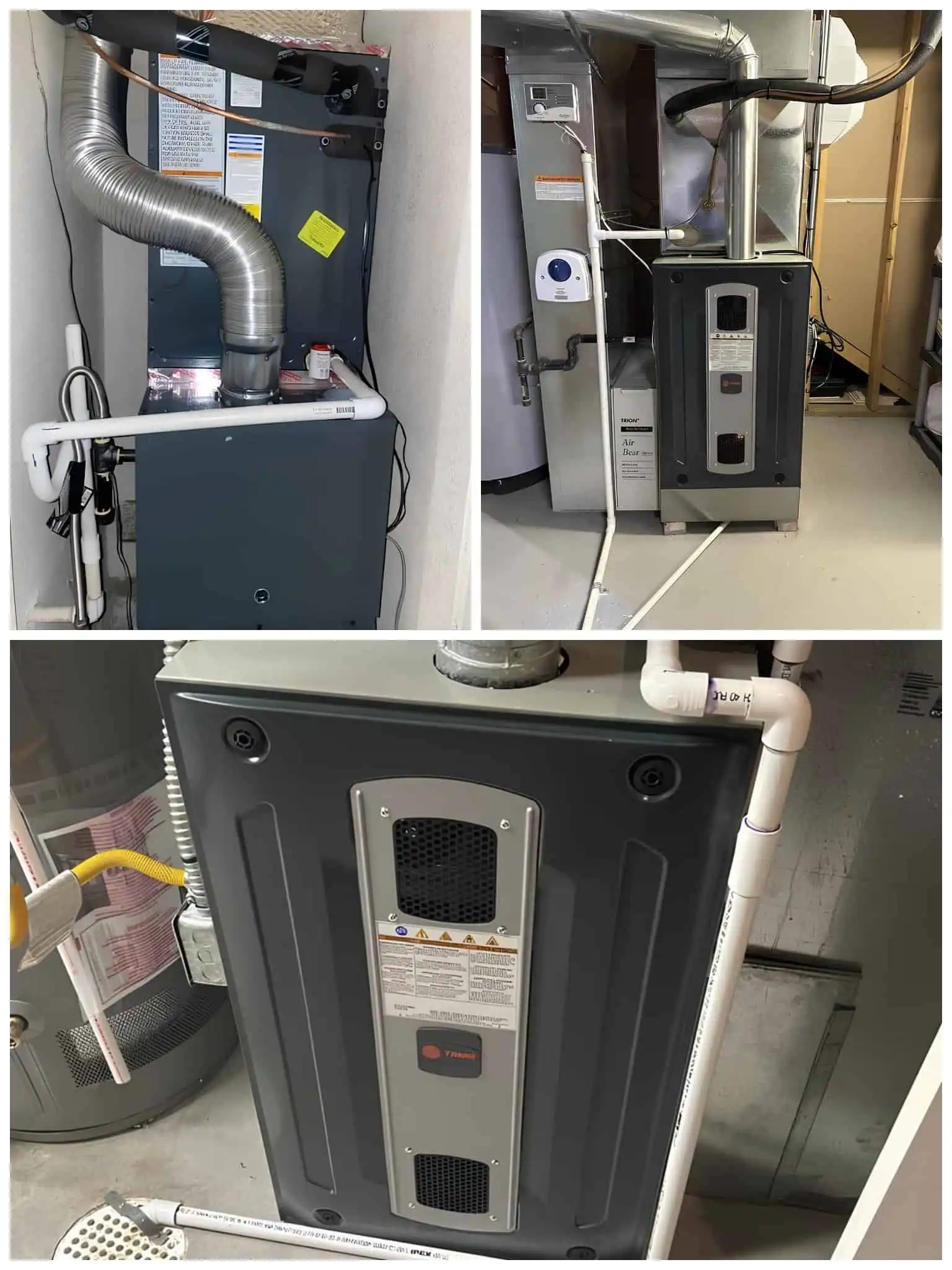 Furnace installation units in a utility room with ductwork and piping.
