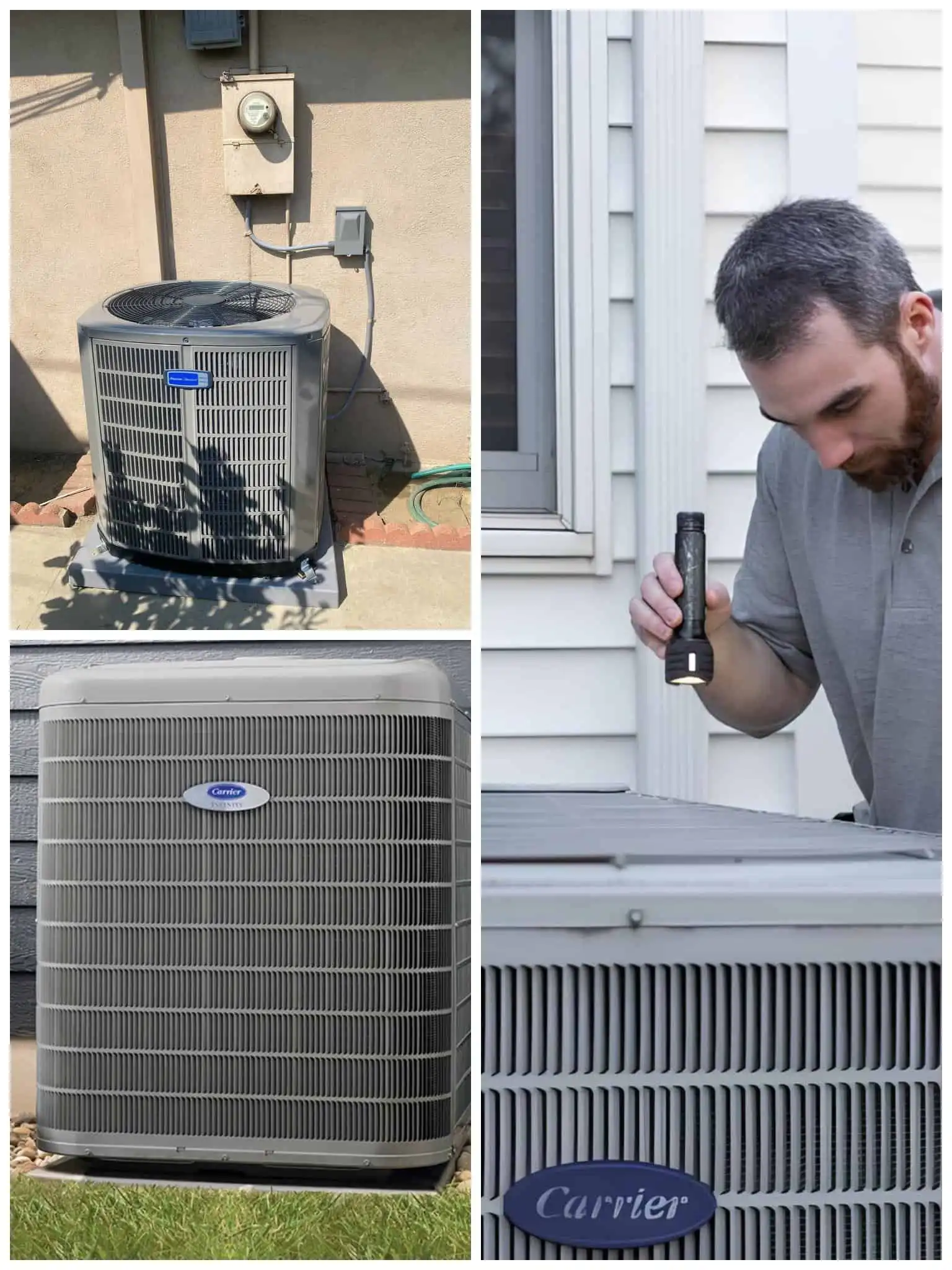 AC unit outside on a wall, with a technician inspecting or repairing it.