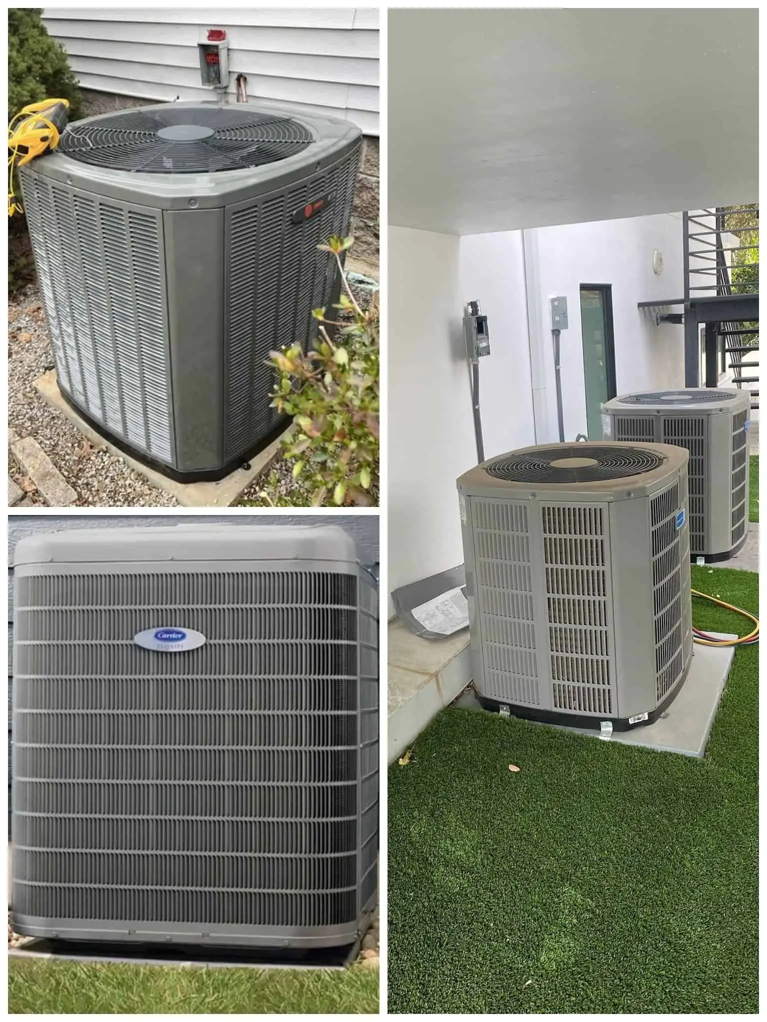 AC unit outside on a gravel surface with plants, gray HVAC system.