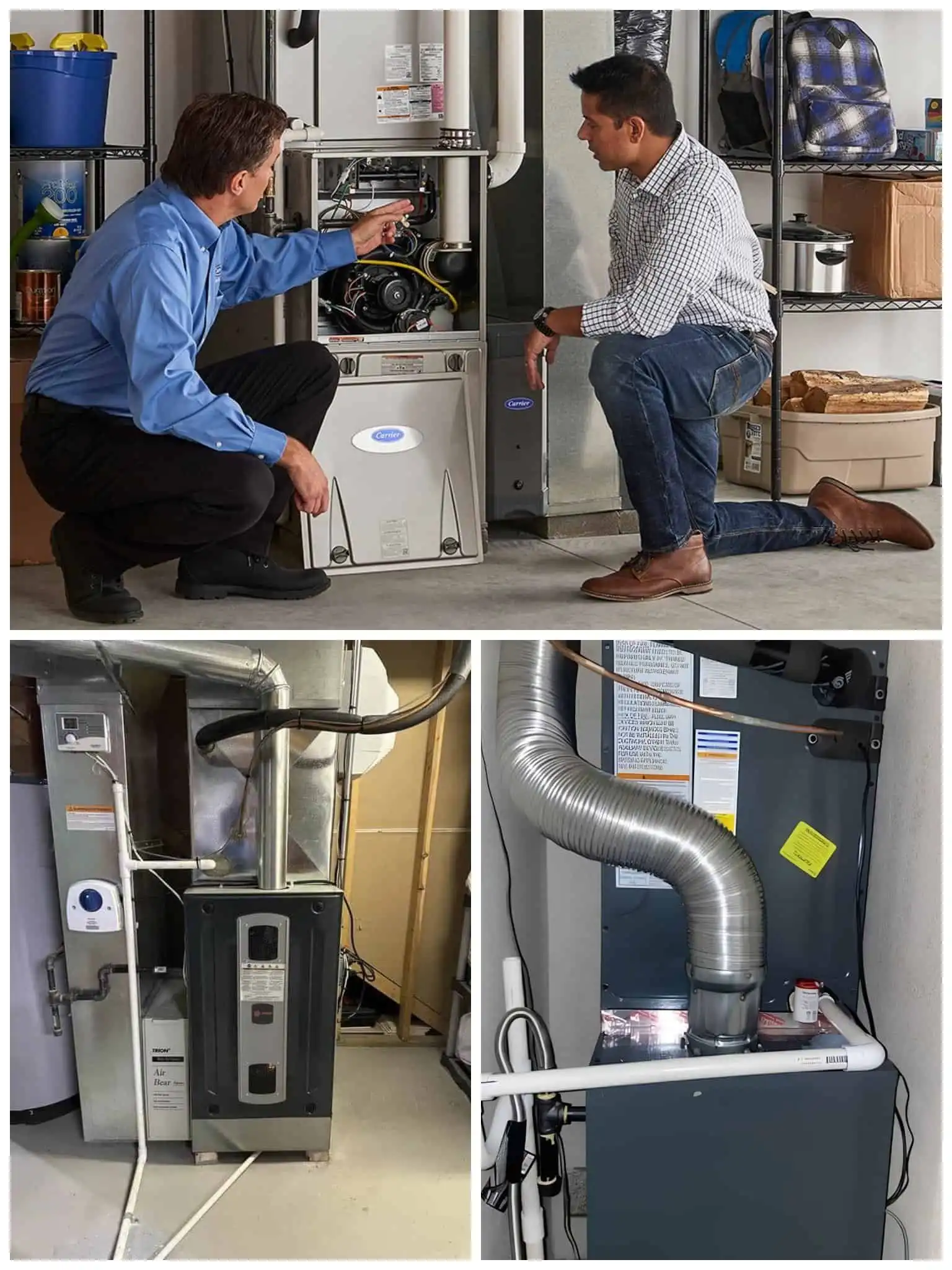 HVAC technician inspecting furnace and boiler systems in a home garage.