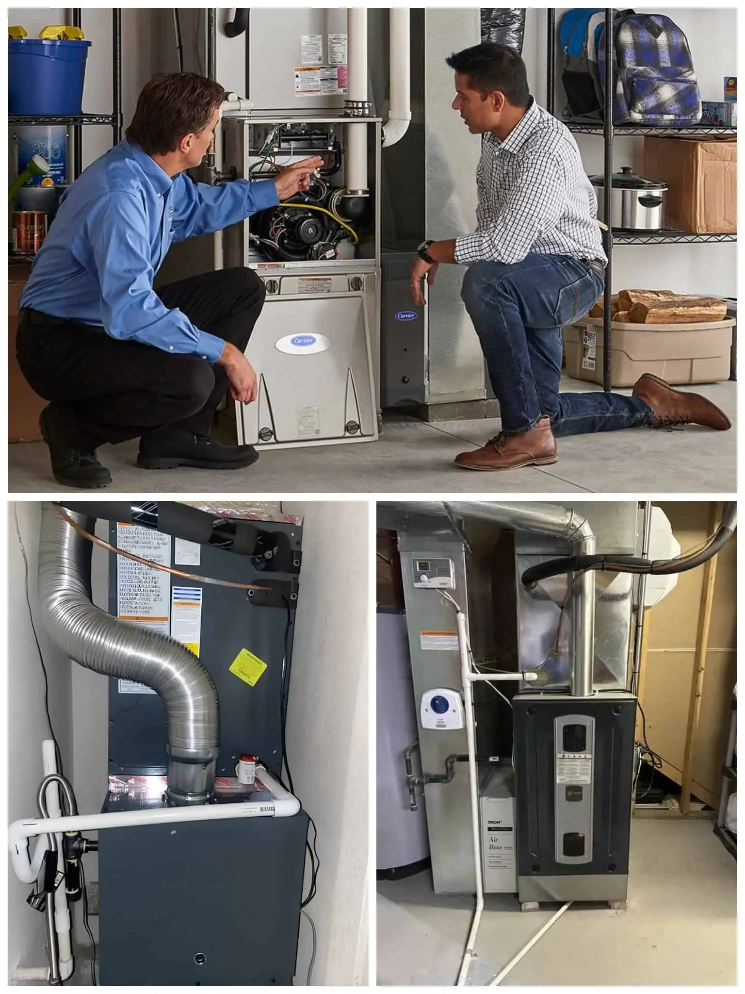 HVAC technician inspecting furnace and boiler systems in a garage.