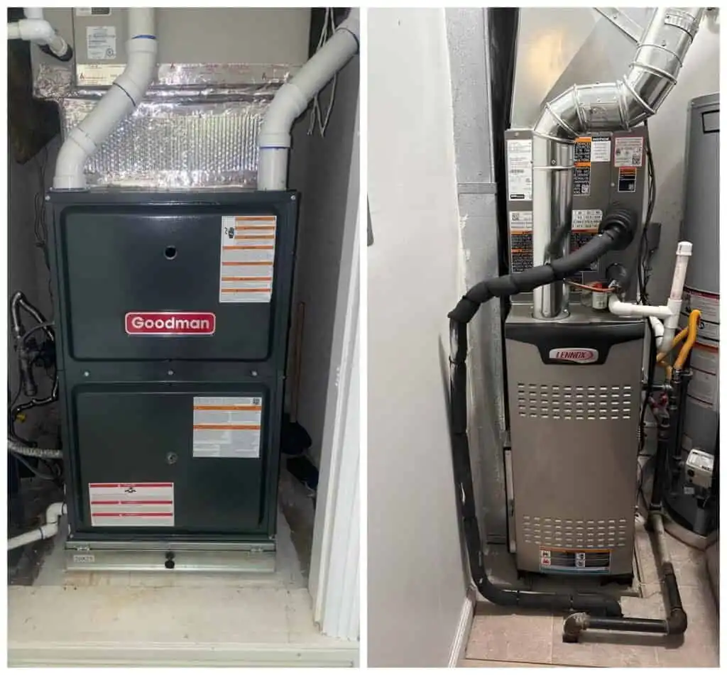 Image of two furnace units installed in a utility closet.