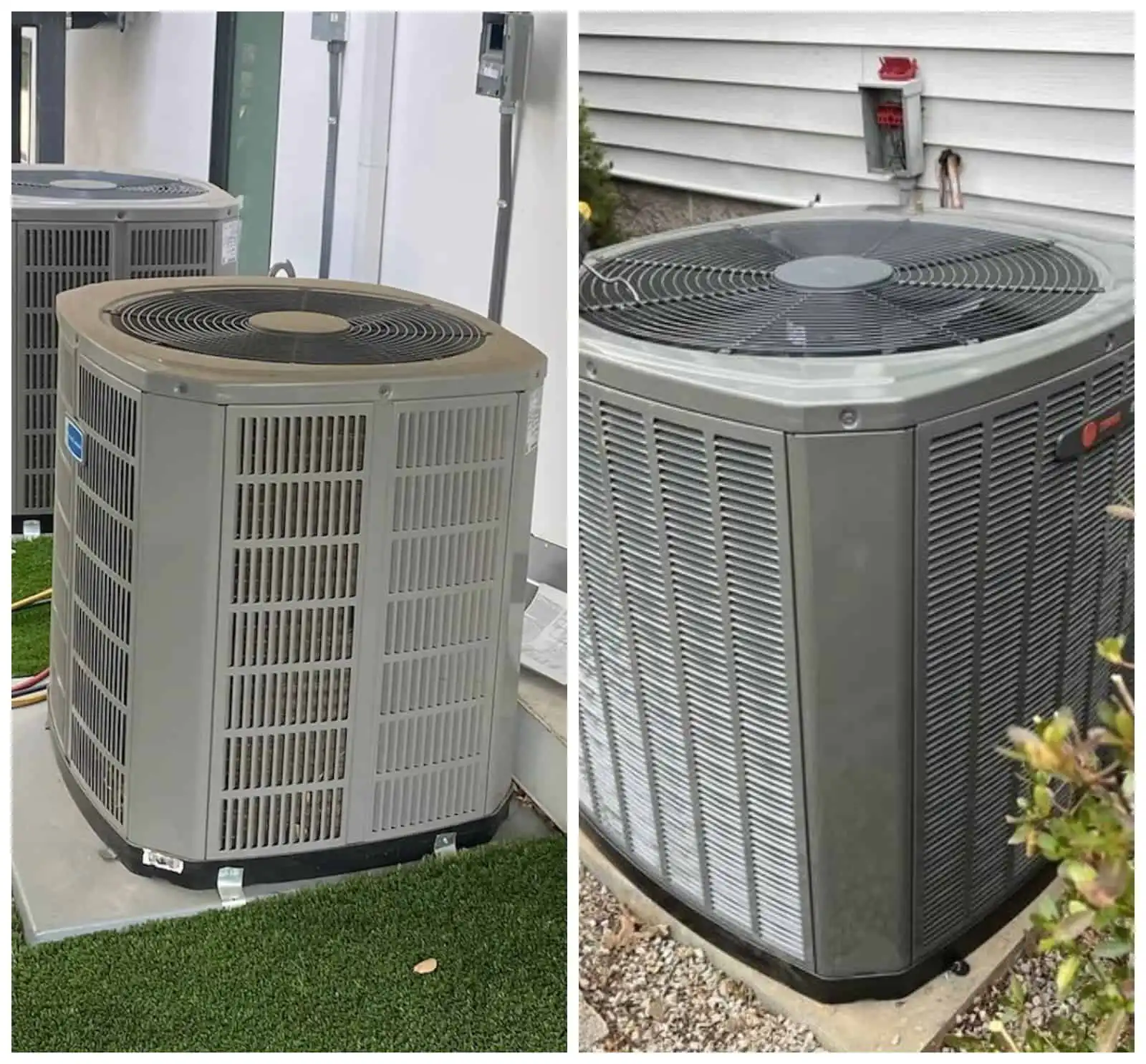 AC unit installation outside home, gray outdoor HVAC system on concrete pad.