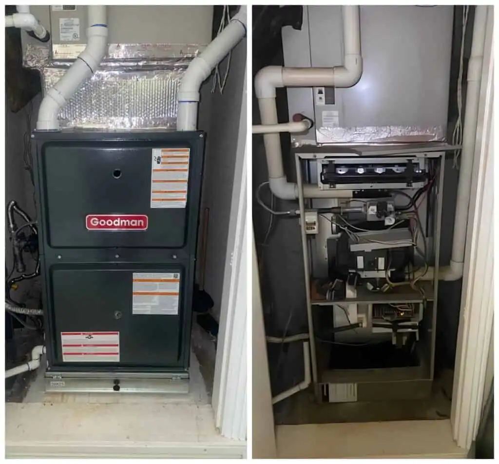 Furnace repair system with control panel and ductwork.
