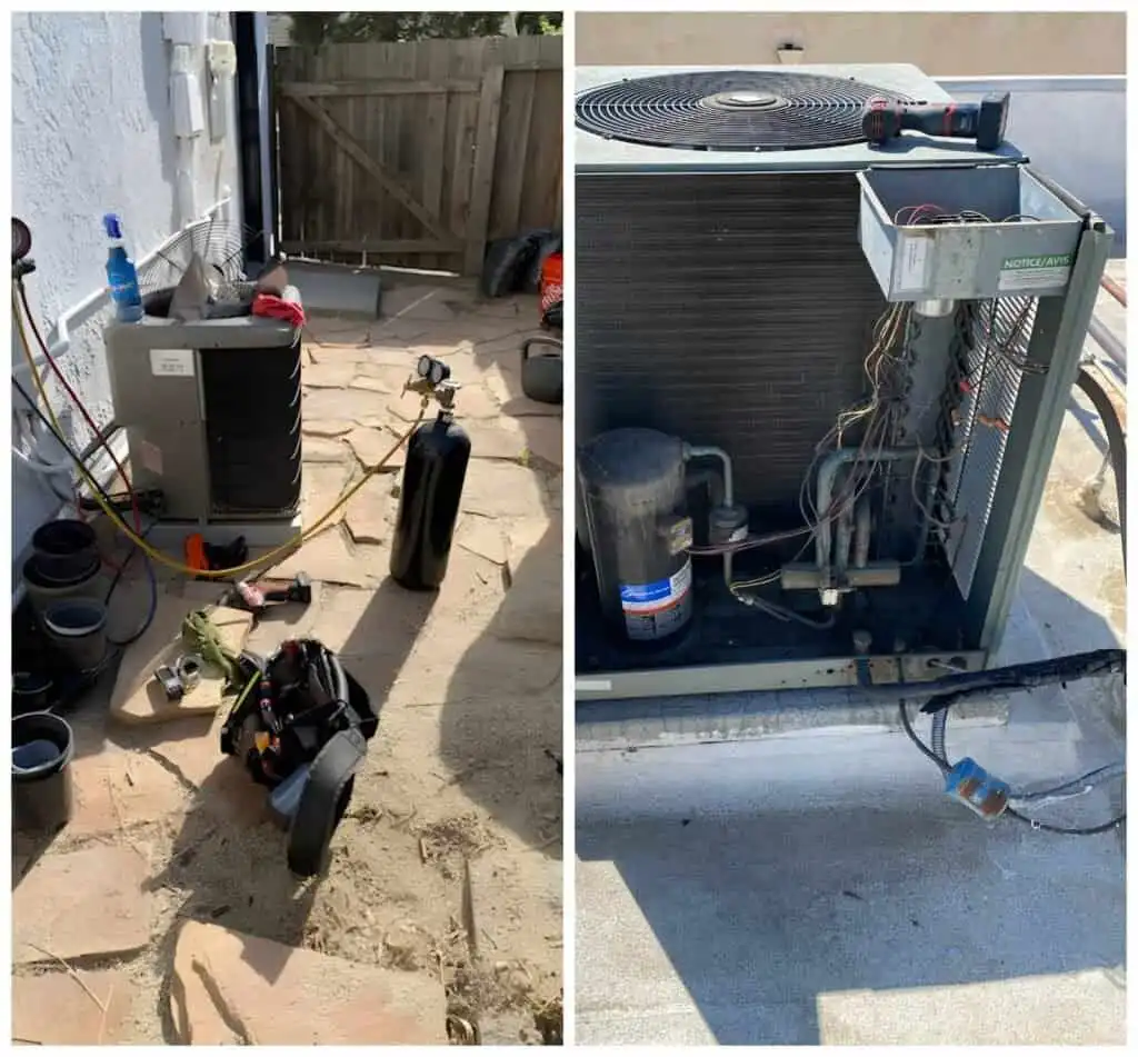 HVAC service technician working on outdoor heat pump unit.