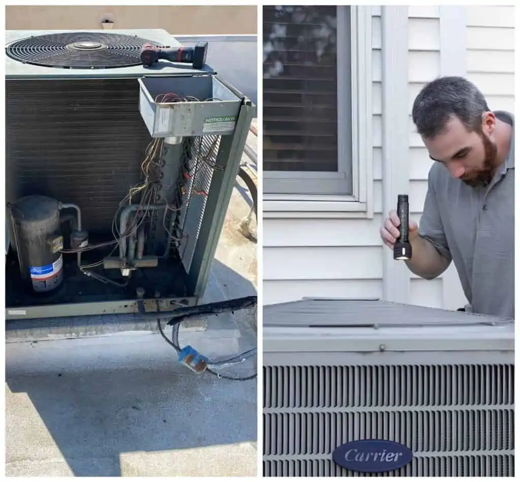 Leak detection and repair on an outdoor HVAC unit. Technician inspecting and fixing the air conditio.