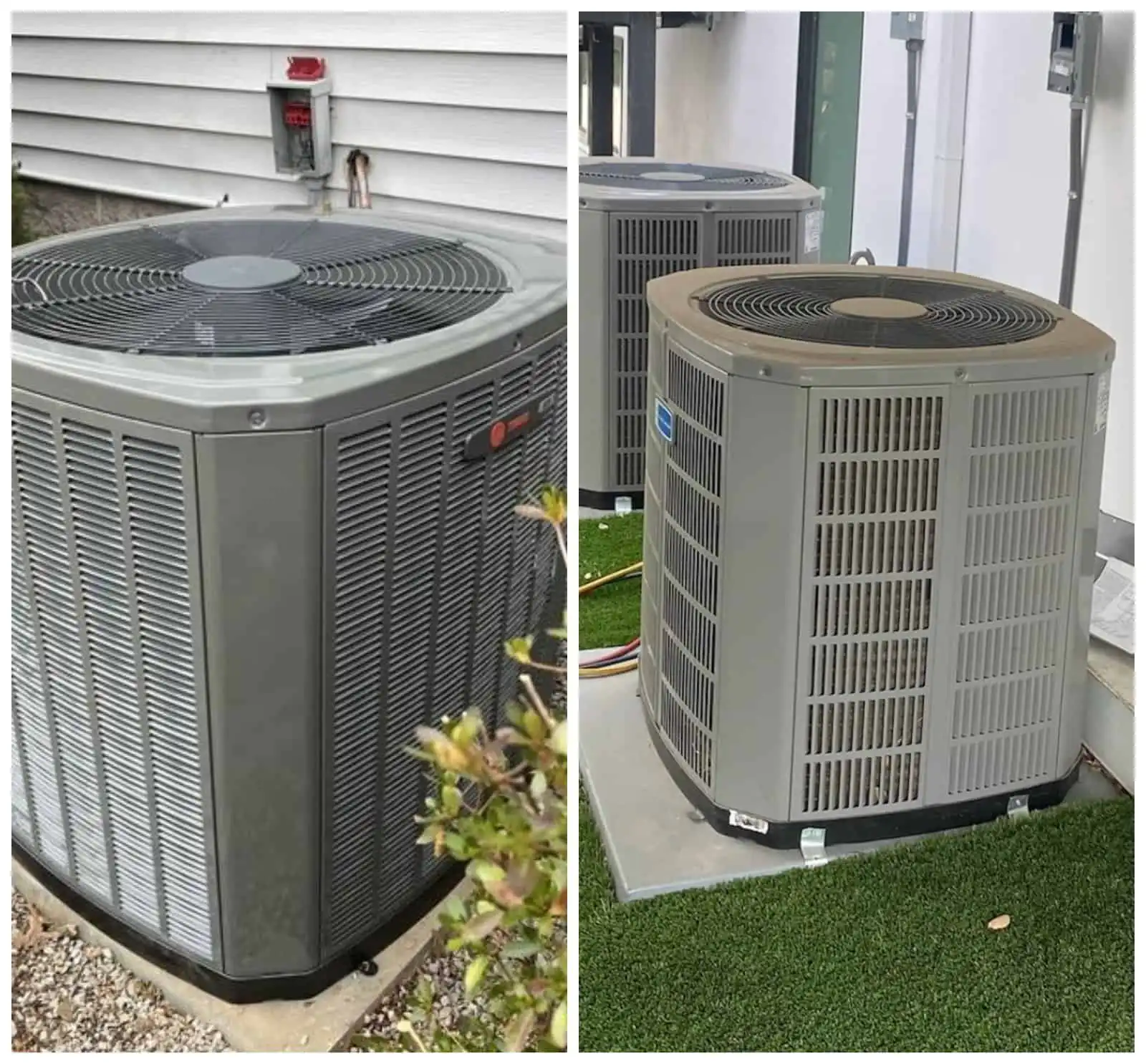 AC unit outside on concrete pad with siding and grass, two images showing different angles.