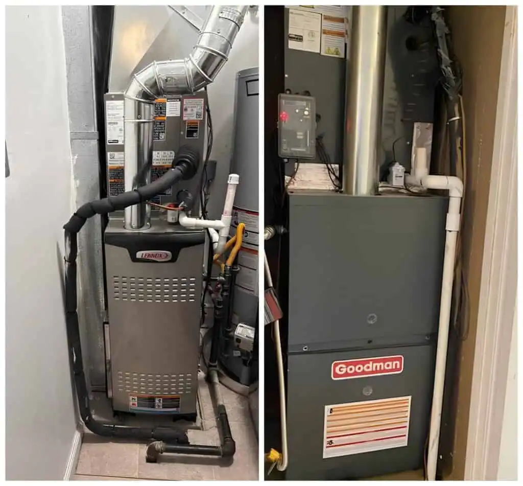 HVAC furnace and air handler units installed in a utility closet.