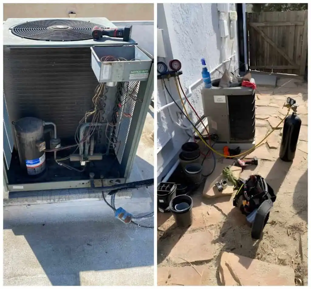 HVAC heat pump repair unit outside house.
