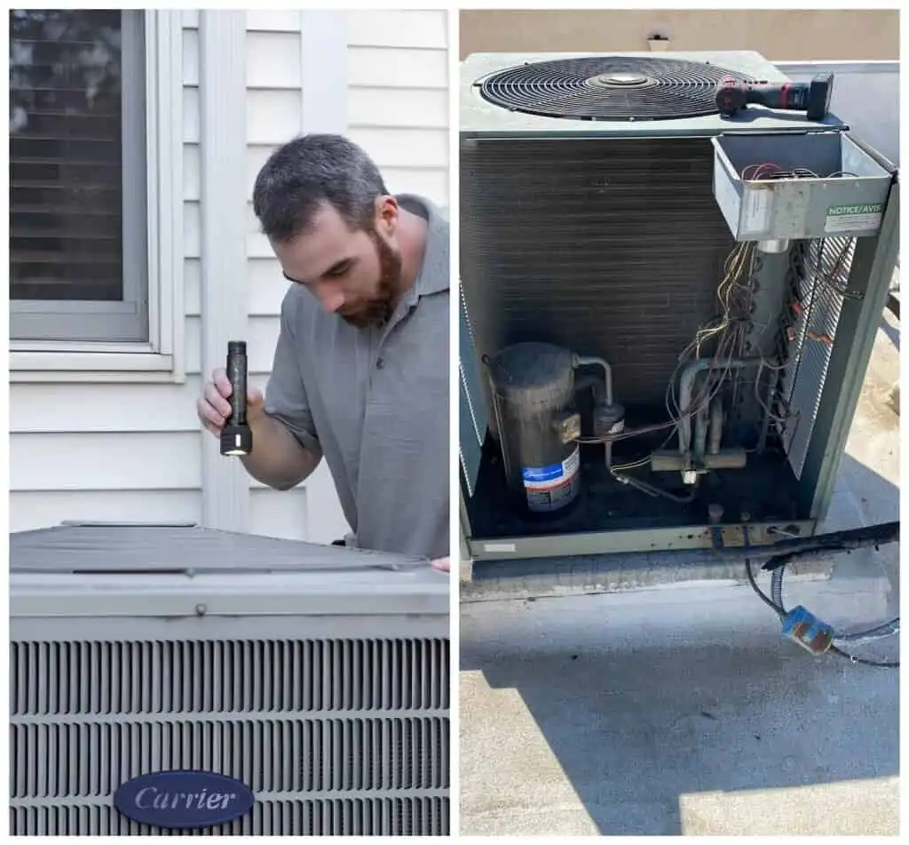 AC maintenance technician inspecting an outdoor air conditioning unit.