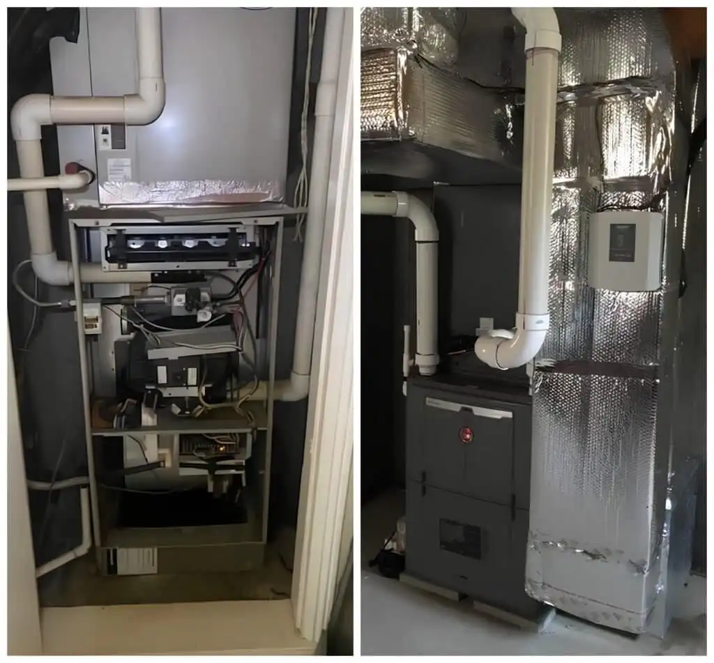 AC unit installation or maintenance in a utility closet.