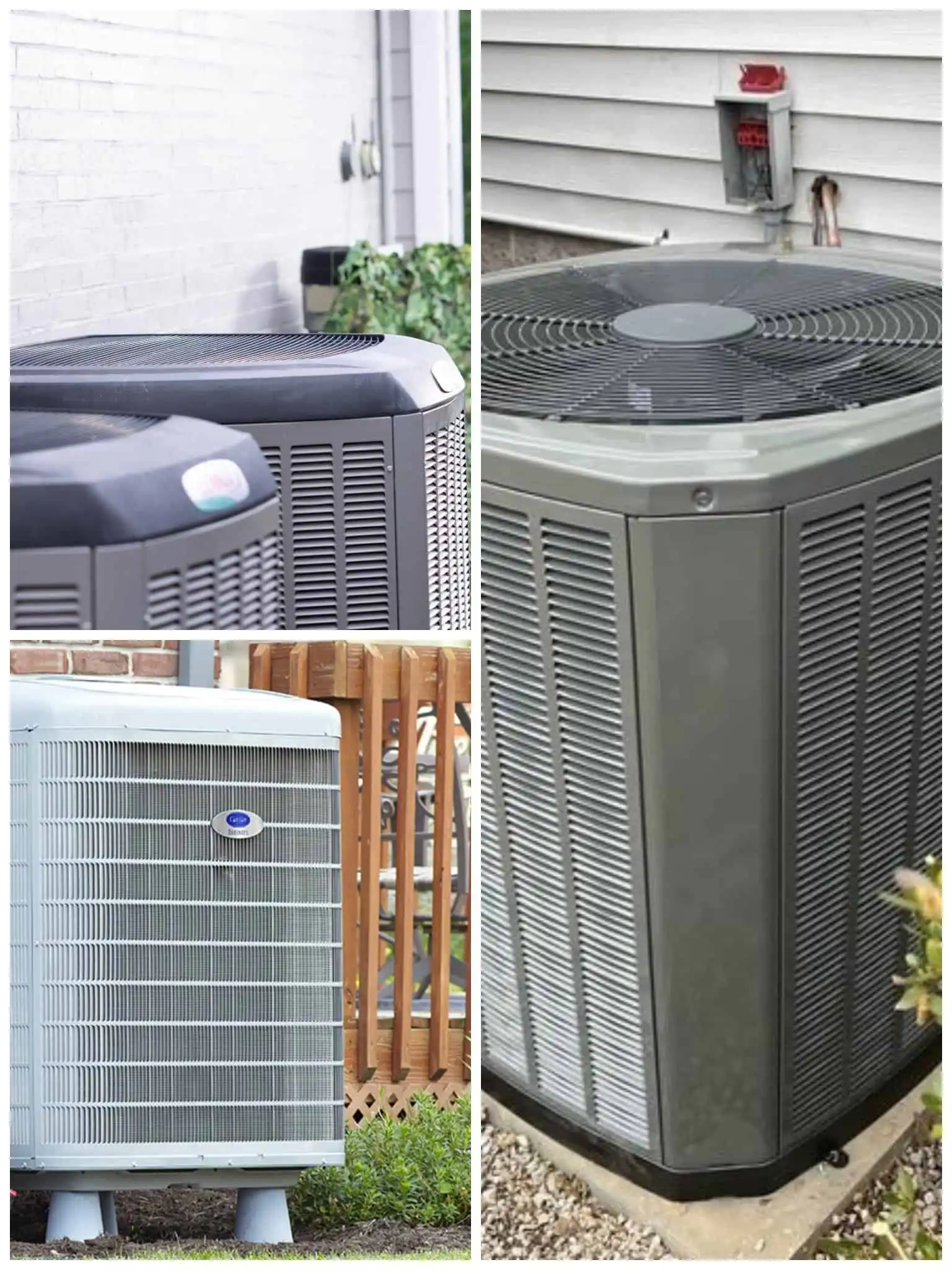AC unit outdoor compressor for HVAC system, installed outside a house.