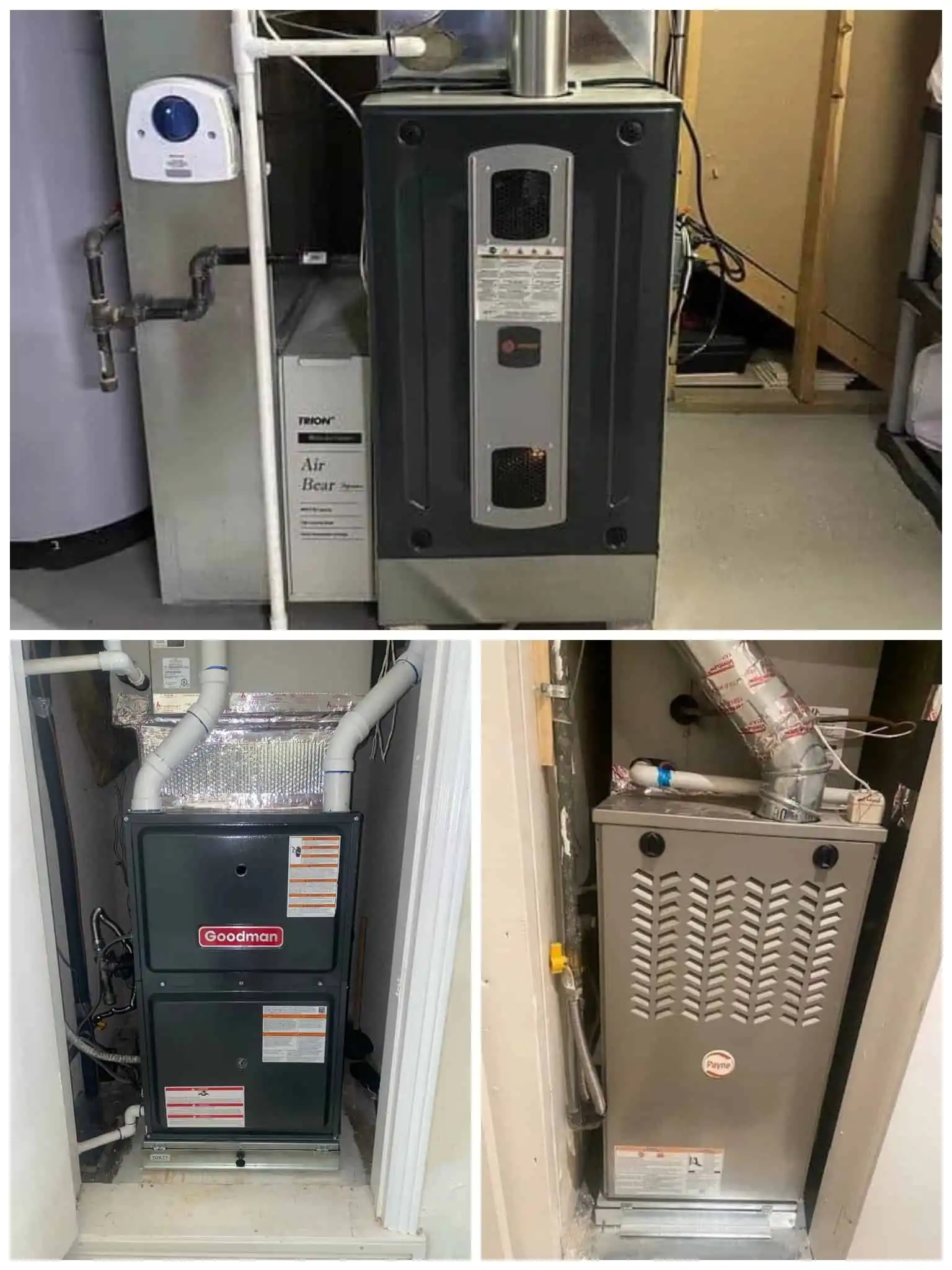 High-efficiency furnace units in a utility room.