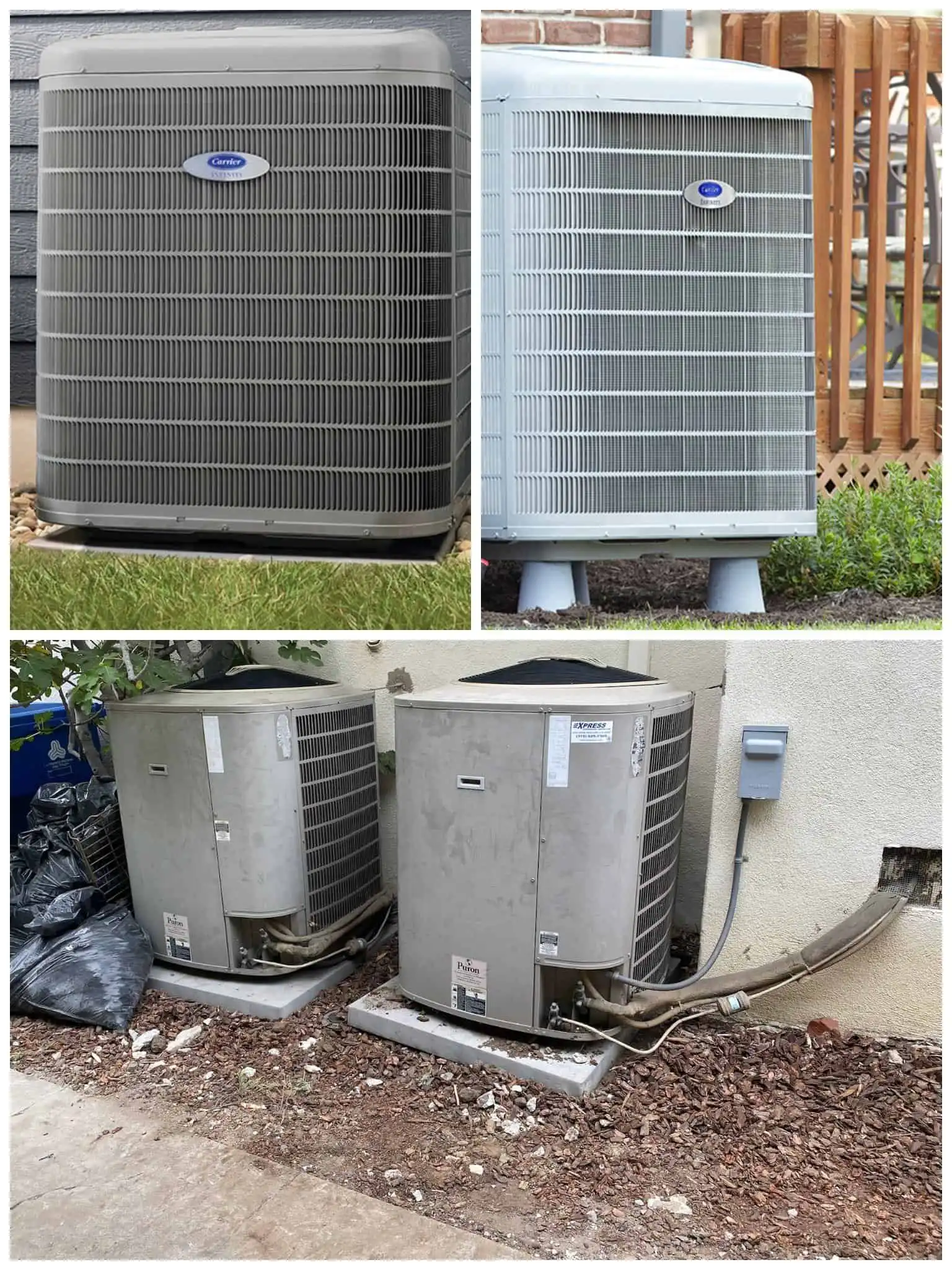 Image of two outdoor heat pump units, one new and one older, installed outside a building.