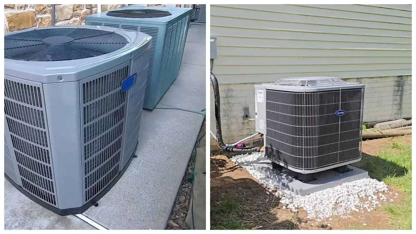 Outdoor heat pump units installed on concrete pad and ground.