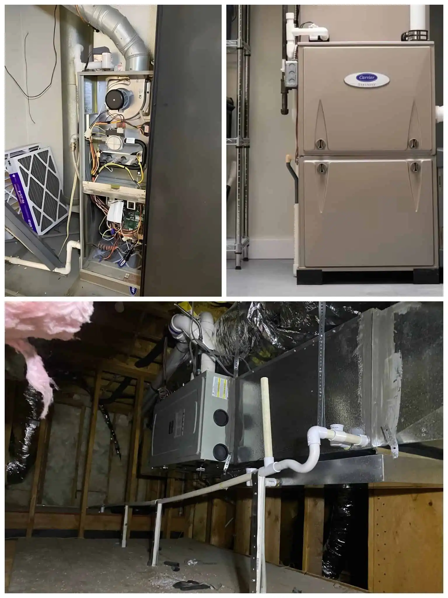 Furnace repair system components in a utility room.