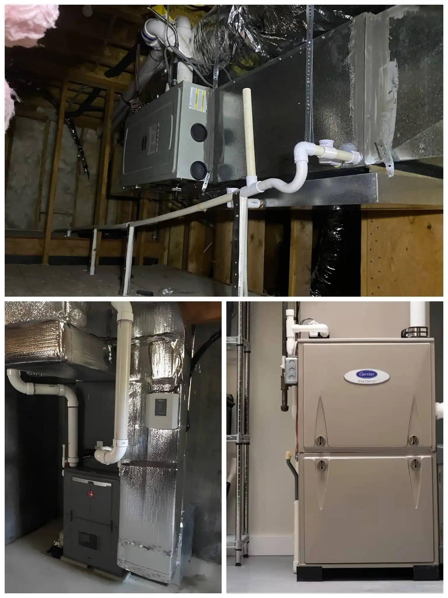 HVAC system installation in the attic with ductwork and equipment.