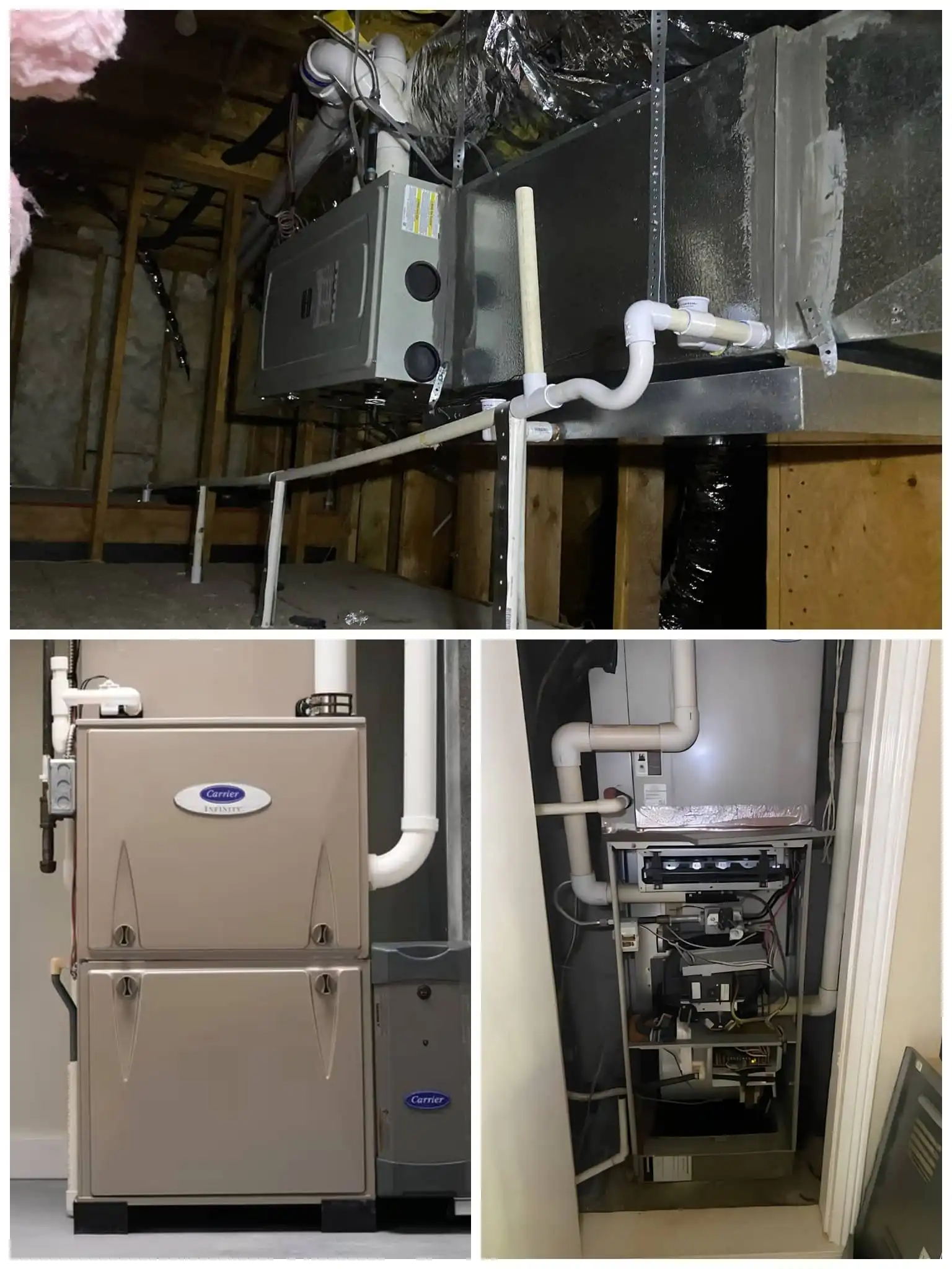 HVAC system installation in attic and utility closet, with ductwork and furnace components visible.