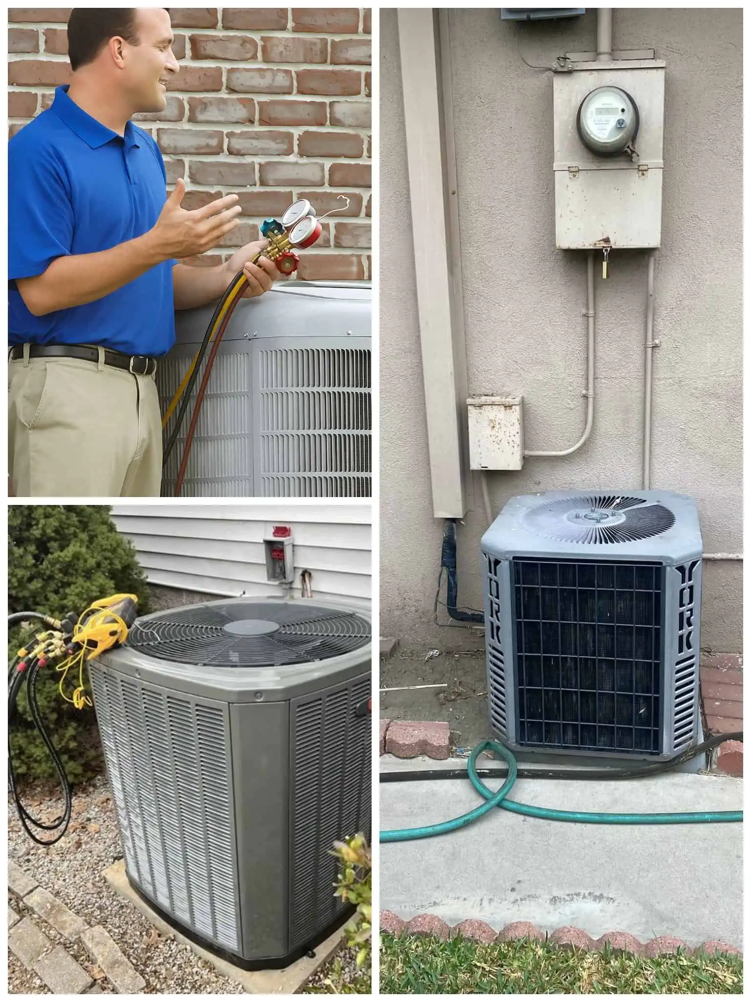 AC repair technician inspecting outdoor air conditioning unit.