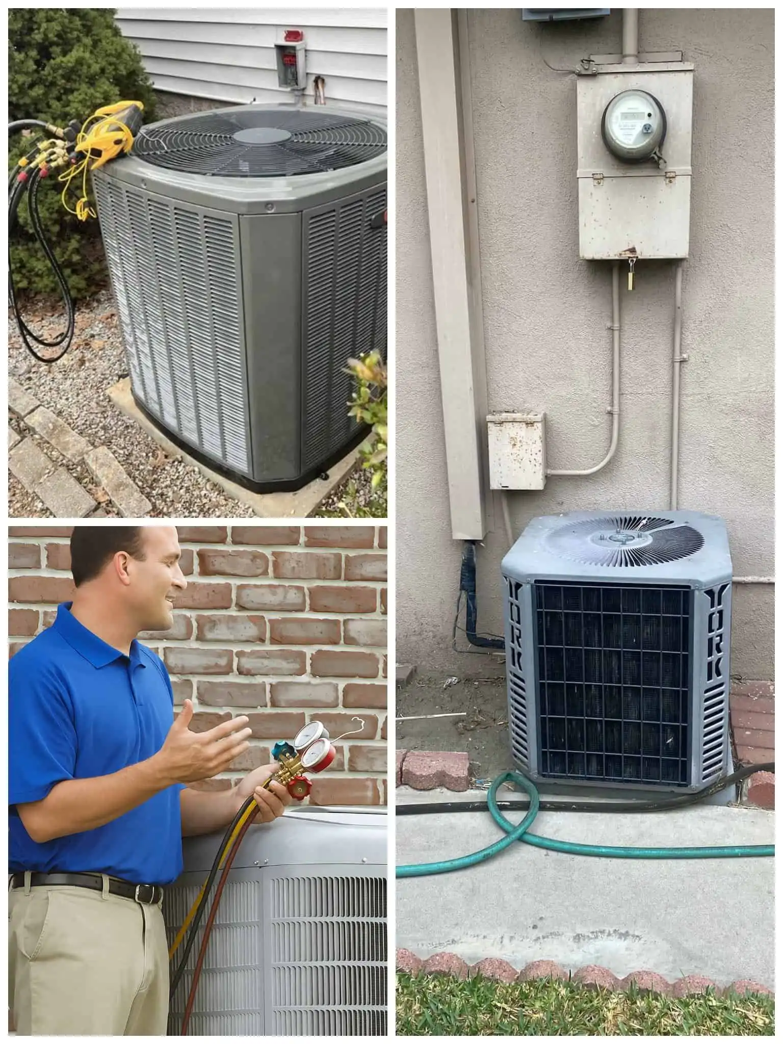 AC unit outside on concrete pad with electrical meter and wiring.