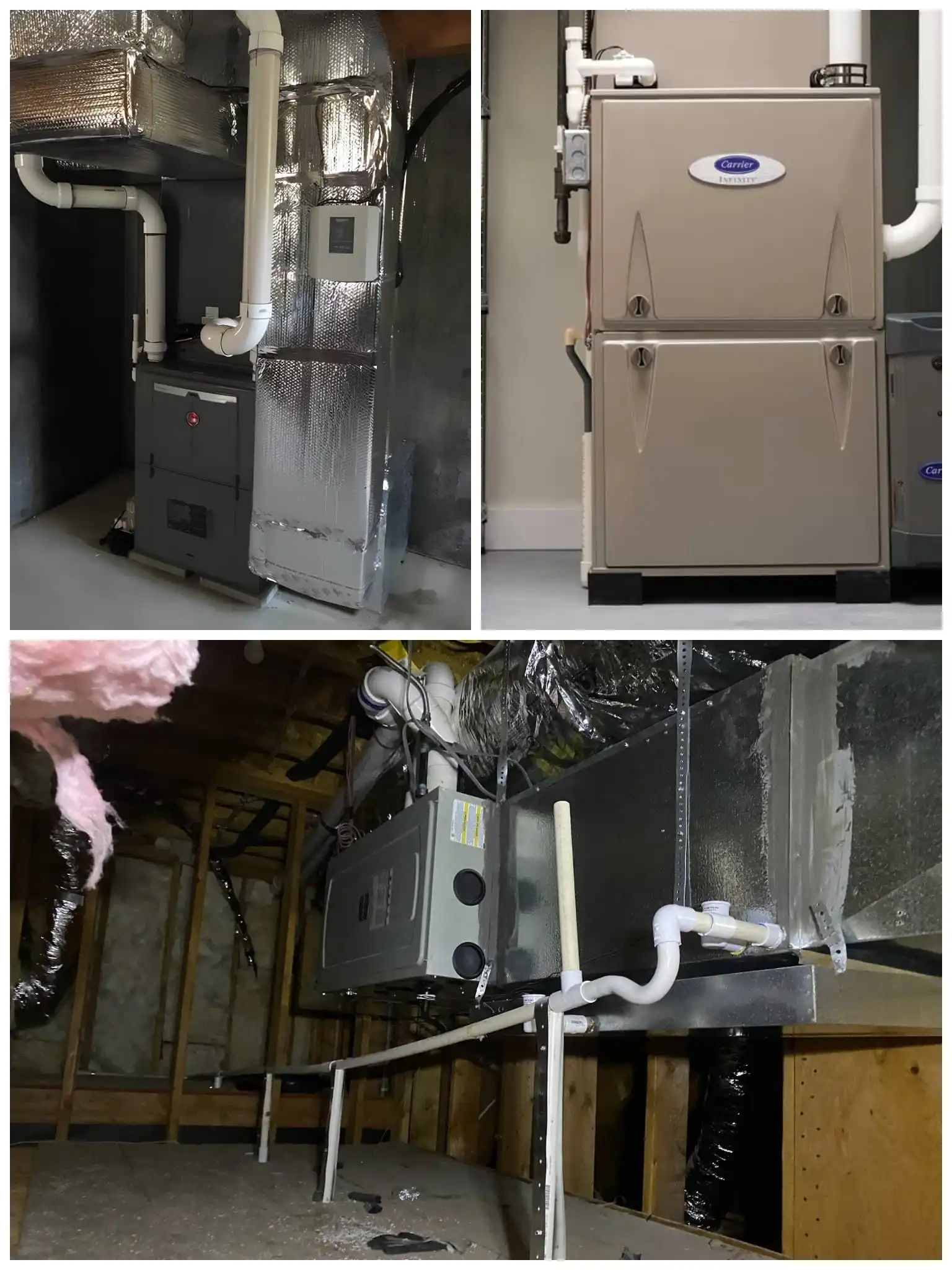Furnace installation unit with ductwork in a basement setting.
