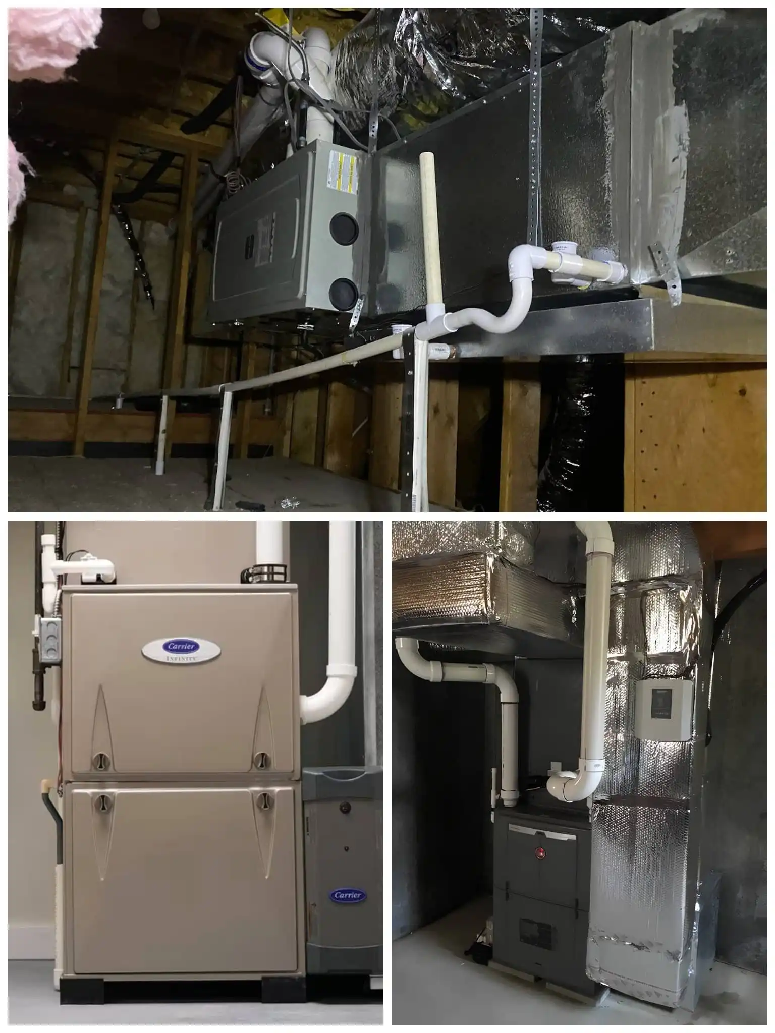 HVAC servicing equipment installed in an attic space with ductwork and electrical connections.
