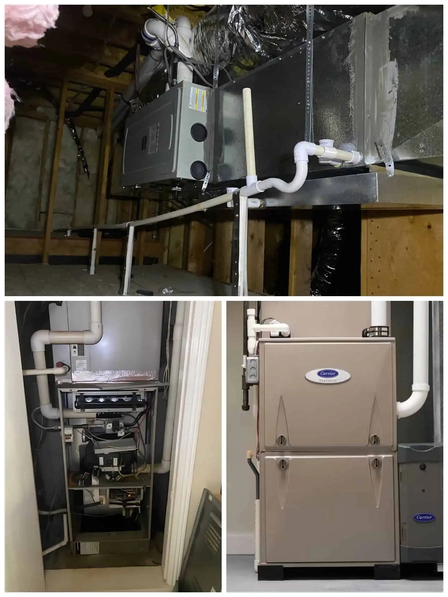 HVAC furnace and ductwork installation in a residential attic space.