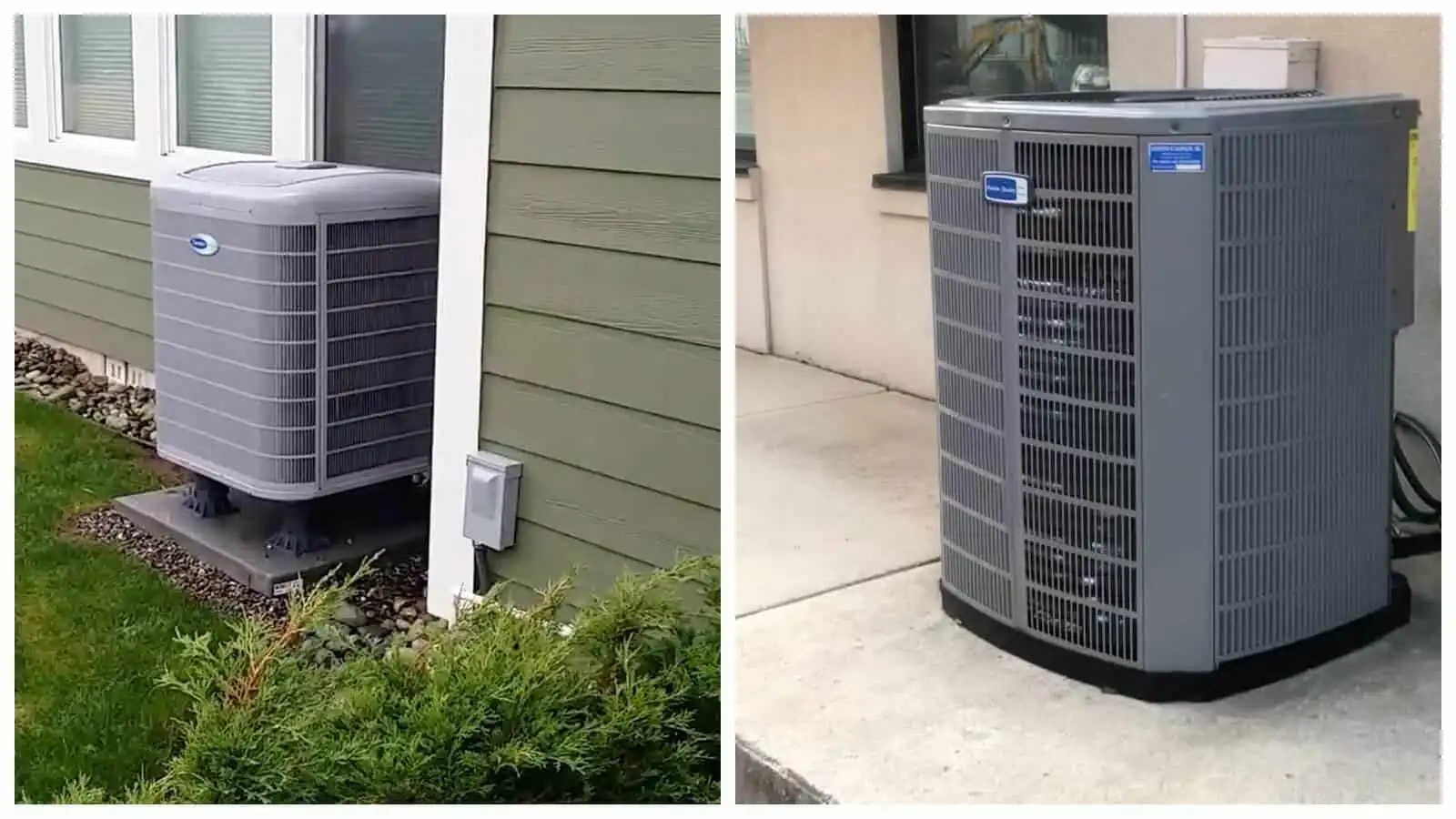 AC unit outside a house, green siding, and concrete surface.