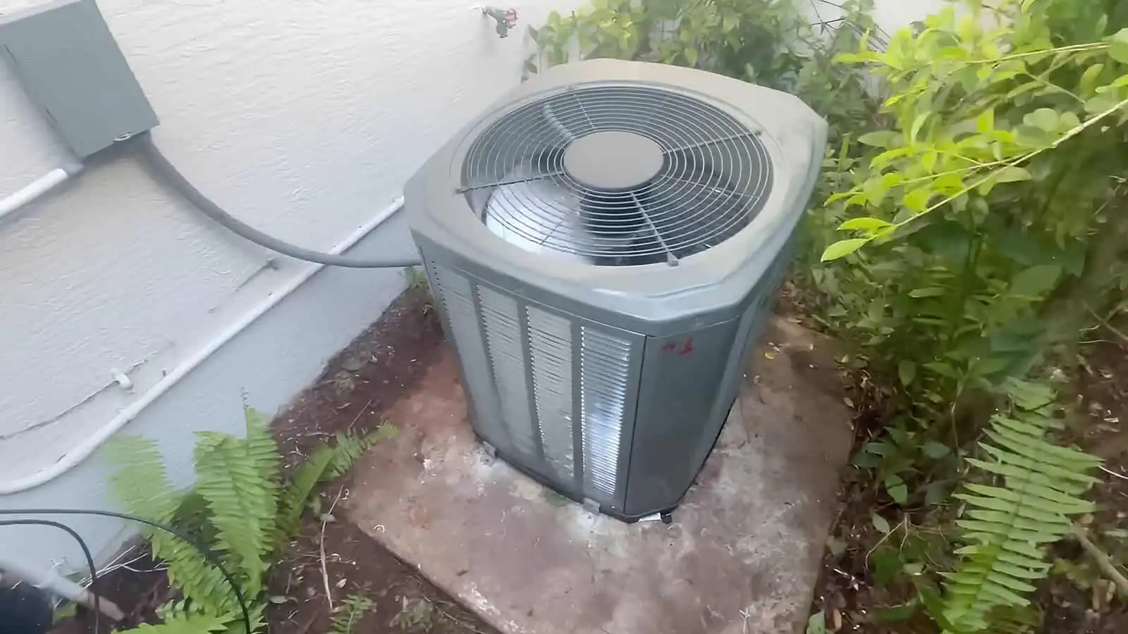 AC unit outside on concrete pad with surrounding greenery.