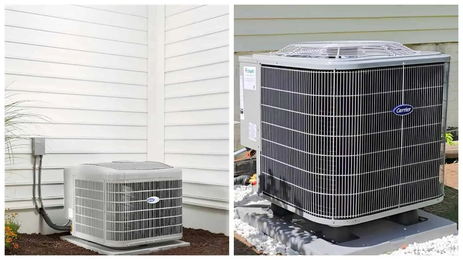 Outdoor heat pump units installed outside a house in cold weather conditions.