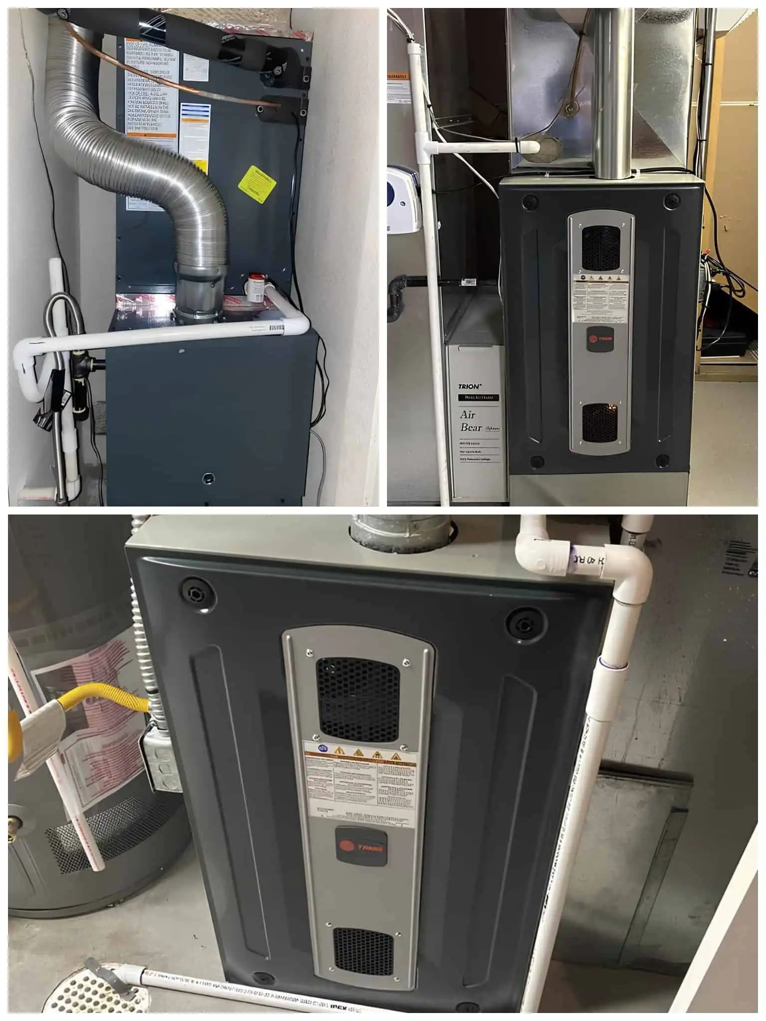 Furnace installation unit with ductwork in a residential setting.
