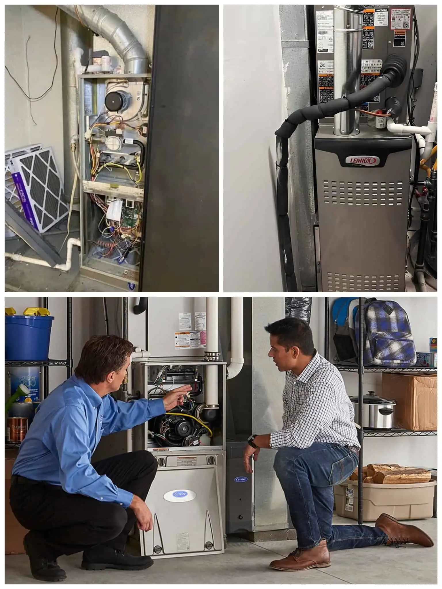 Furnace repair technician inspecting HVAC system in Westlake Village.