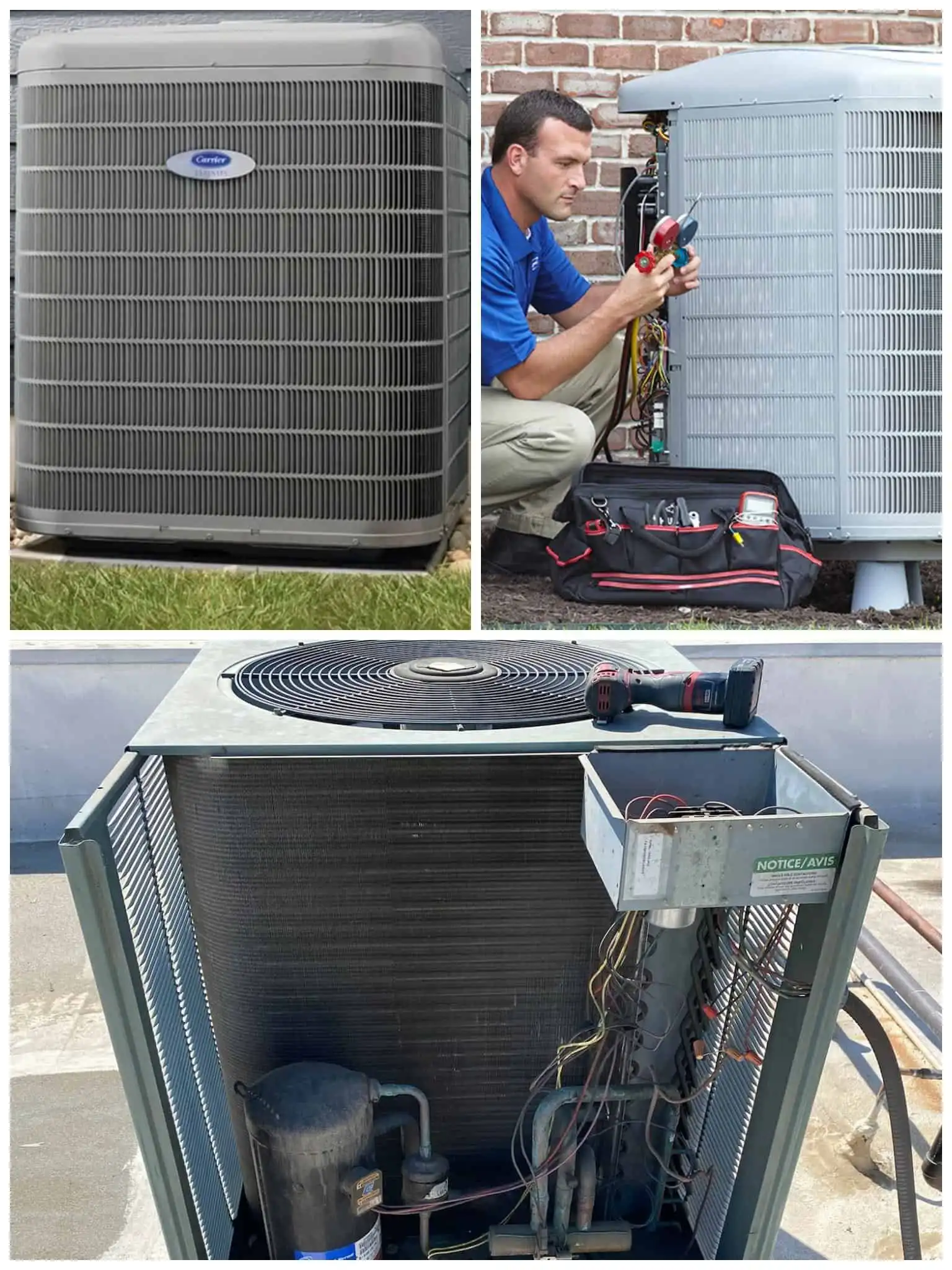 HVAC technician repairing heat pump outdoor unit.
