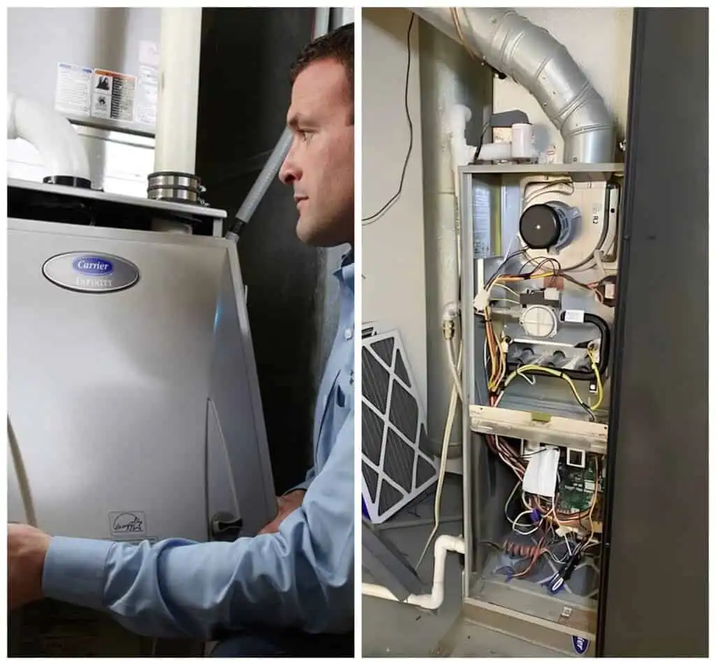 Technician inspecting a furnace for repairs in Agoura Hills.